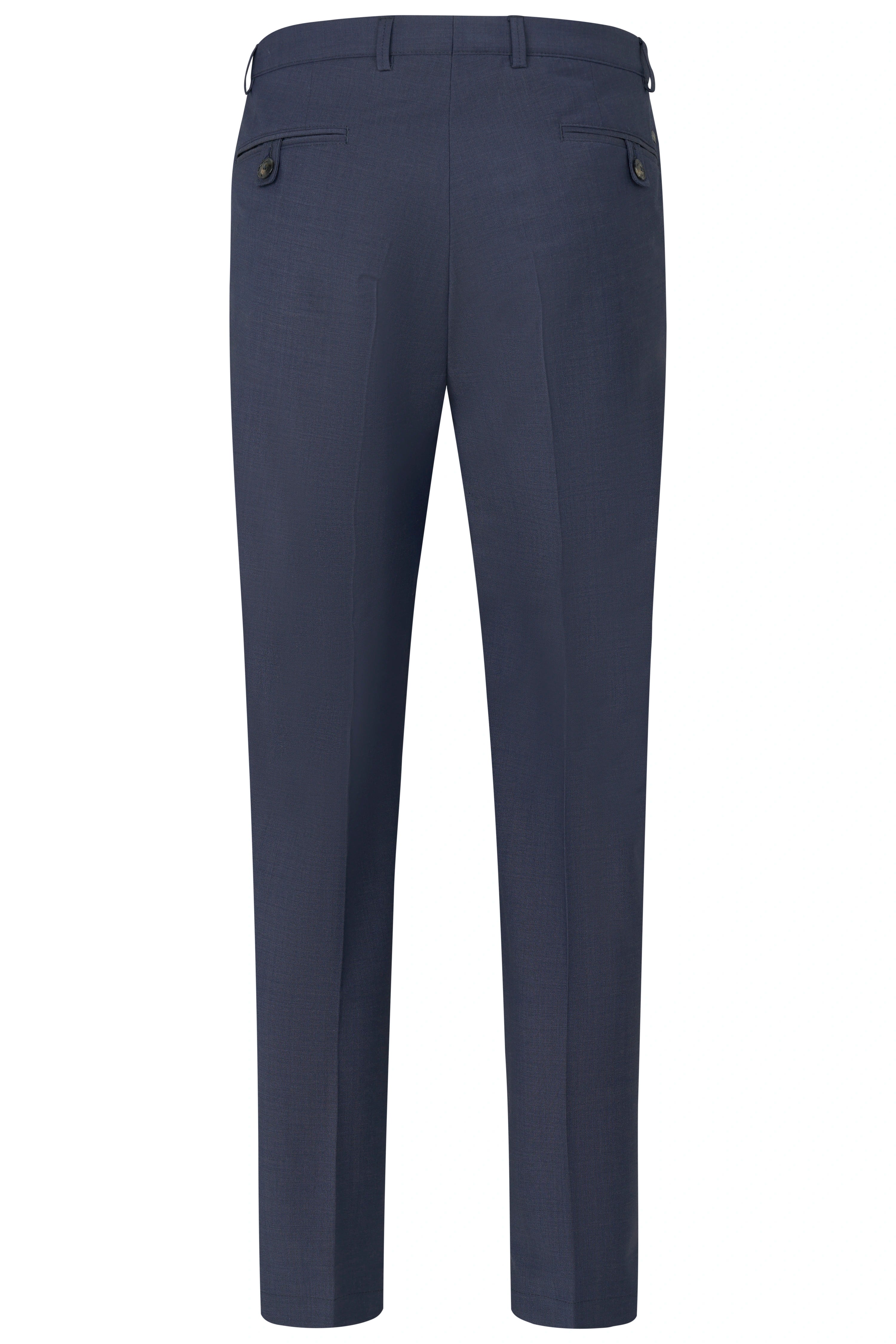 Donkerblauwe bugatti pantalon, achteraanzicht, klassieke elegantie, hoogwaardig materiaal, ontspannen busteweergave.