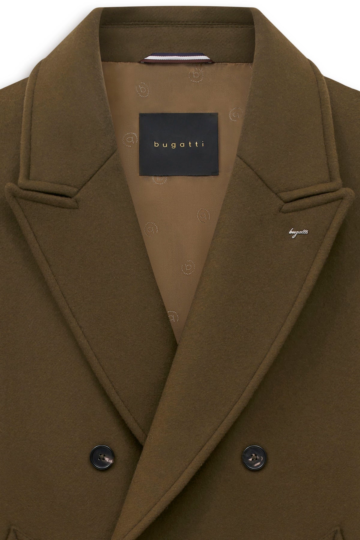 Bugatti brauner Mantel, Doppelreiher, klassisches Design, Büstenbild.