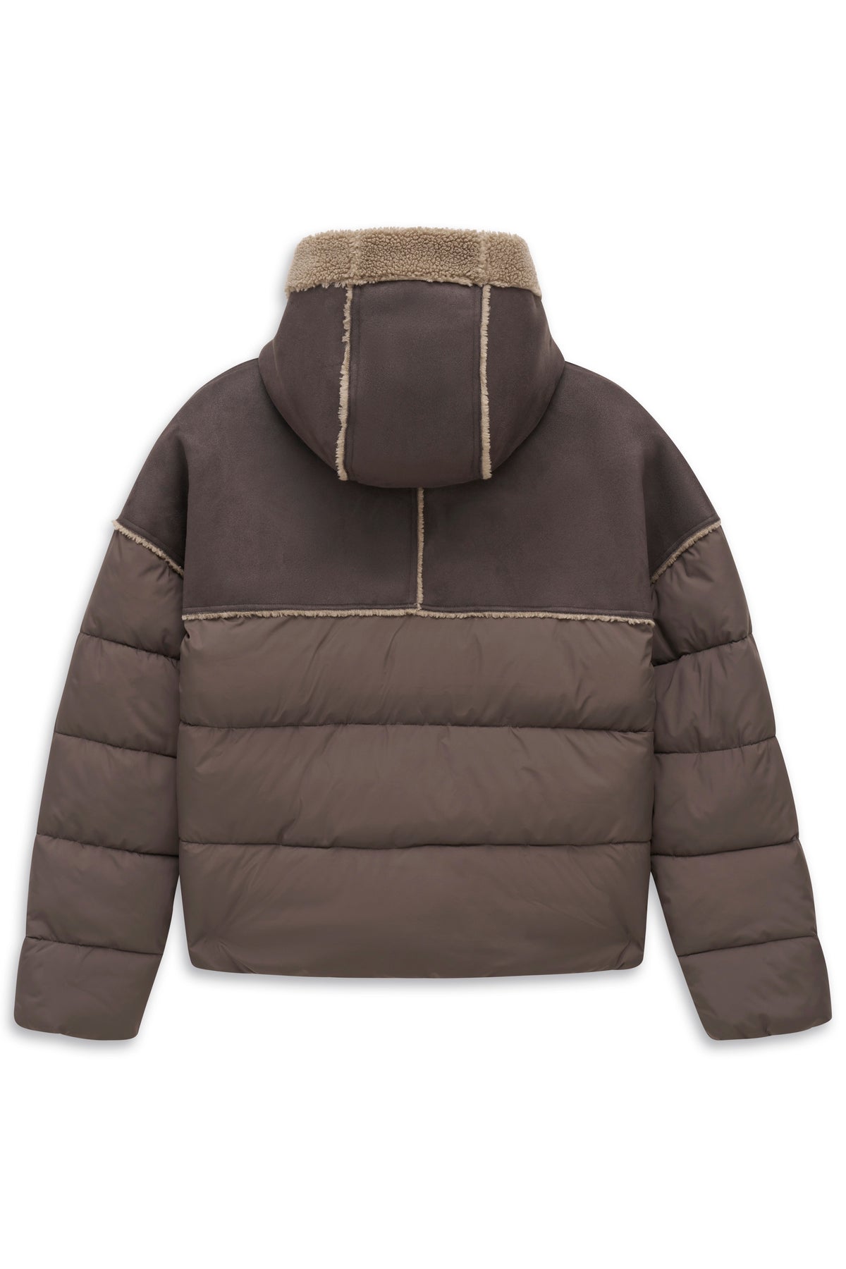 Braune bugatti Jacke mit Steppdesign und Fleecekapuze, Büstenbild.