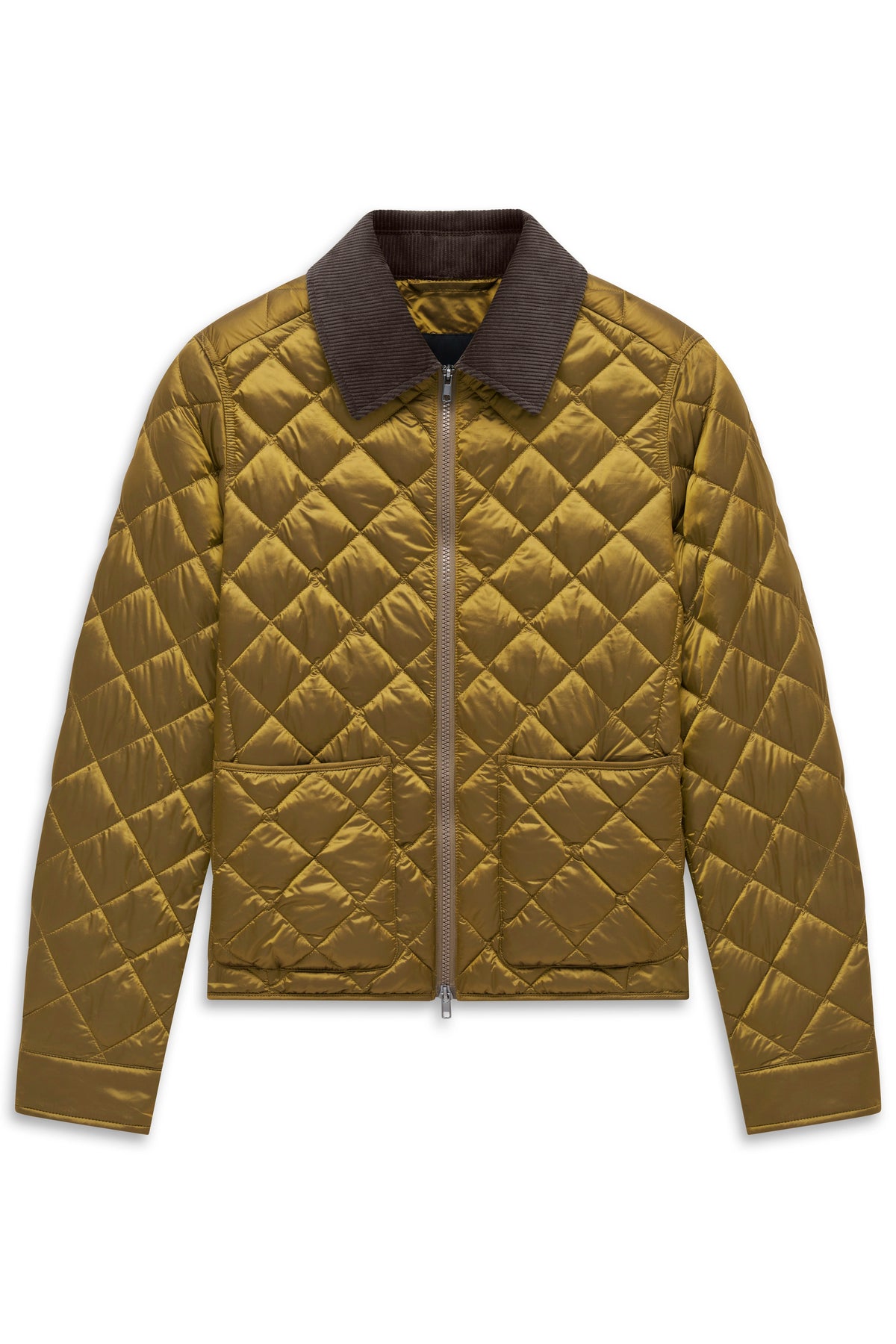 Steppjacke in Olive von bugatti, Büstenbild, gestepptes Design, brauner Kragen.
