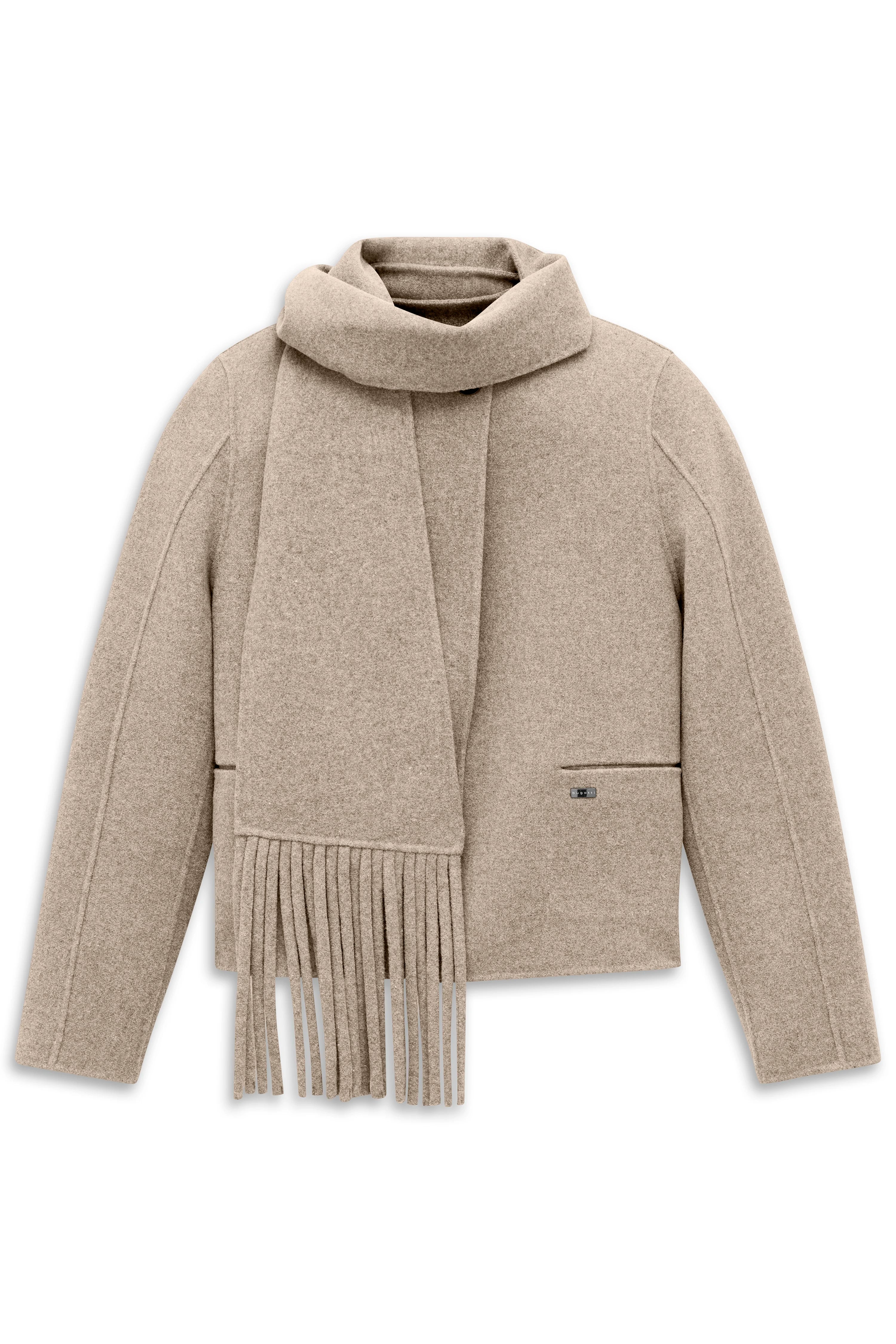 Beigefarbener bugatti Schal und Jacke, Büstenbild, stilvoll und zeitlos.