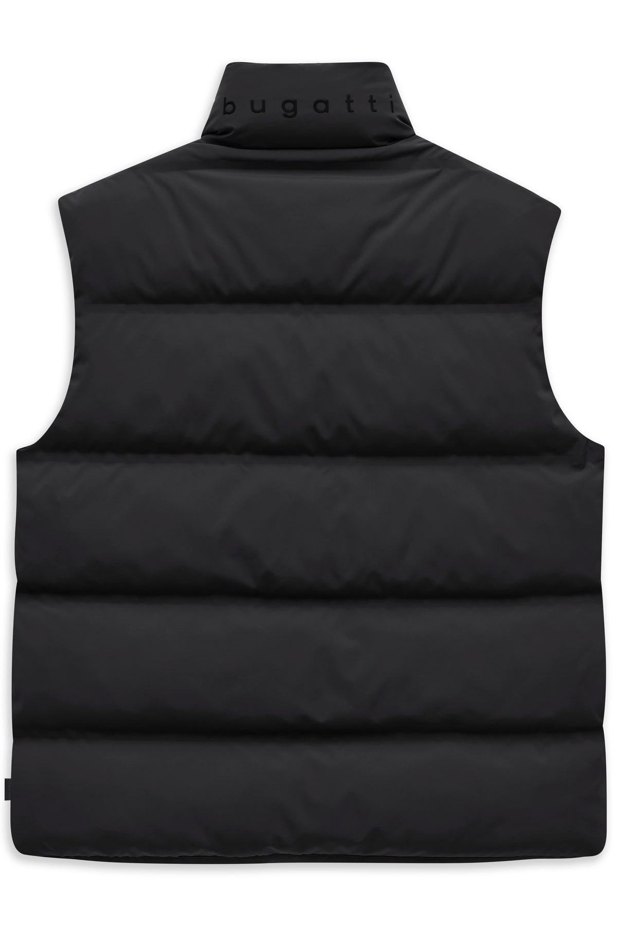 Schwarze bugatti Daunenweste, Büstenbild, minimalistisch und stilvoll.