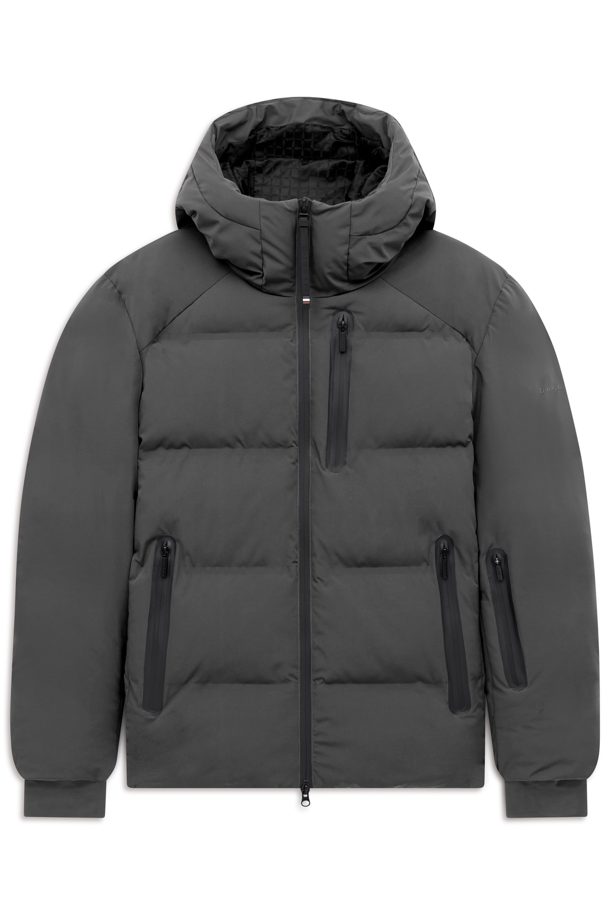 Graue bugatti Daunenjacke mit Kapuze und Reißverschlusstaschen, Büstenbild.