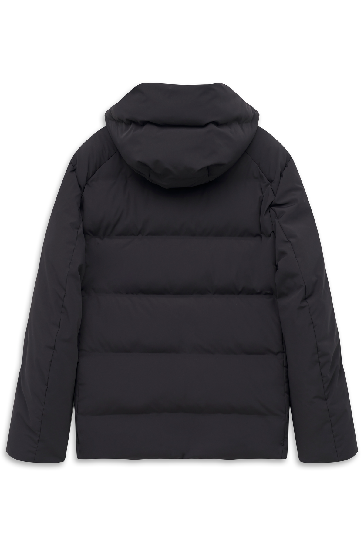 Bugatti schwarze Steppjacke, Rückenansicht, legeres Design, hochwertige Materialien.