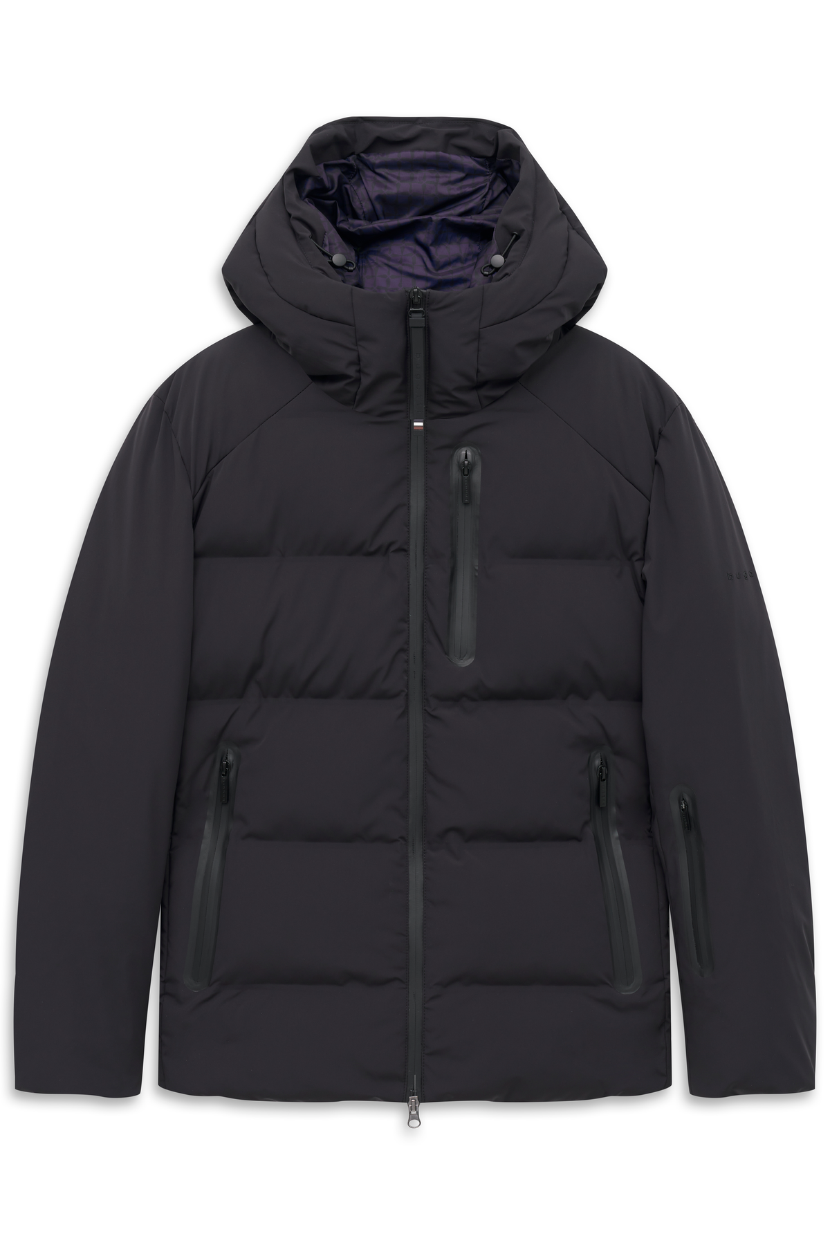 Bugatti schwarze Daunenjacke mit Kapuze und Reißverschlüssen, Büstenbild.