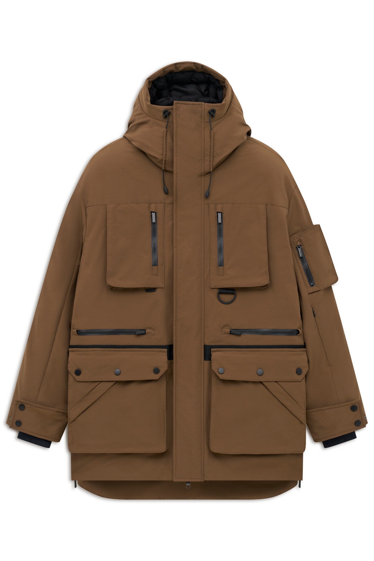 Braune bugatti Jacke mit Kapuze und Taschen, legeres Büstenbild.