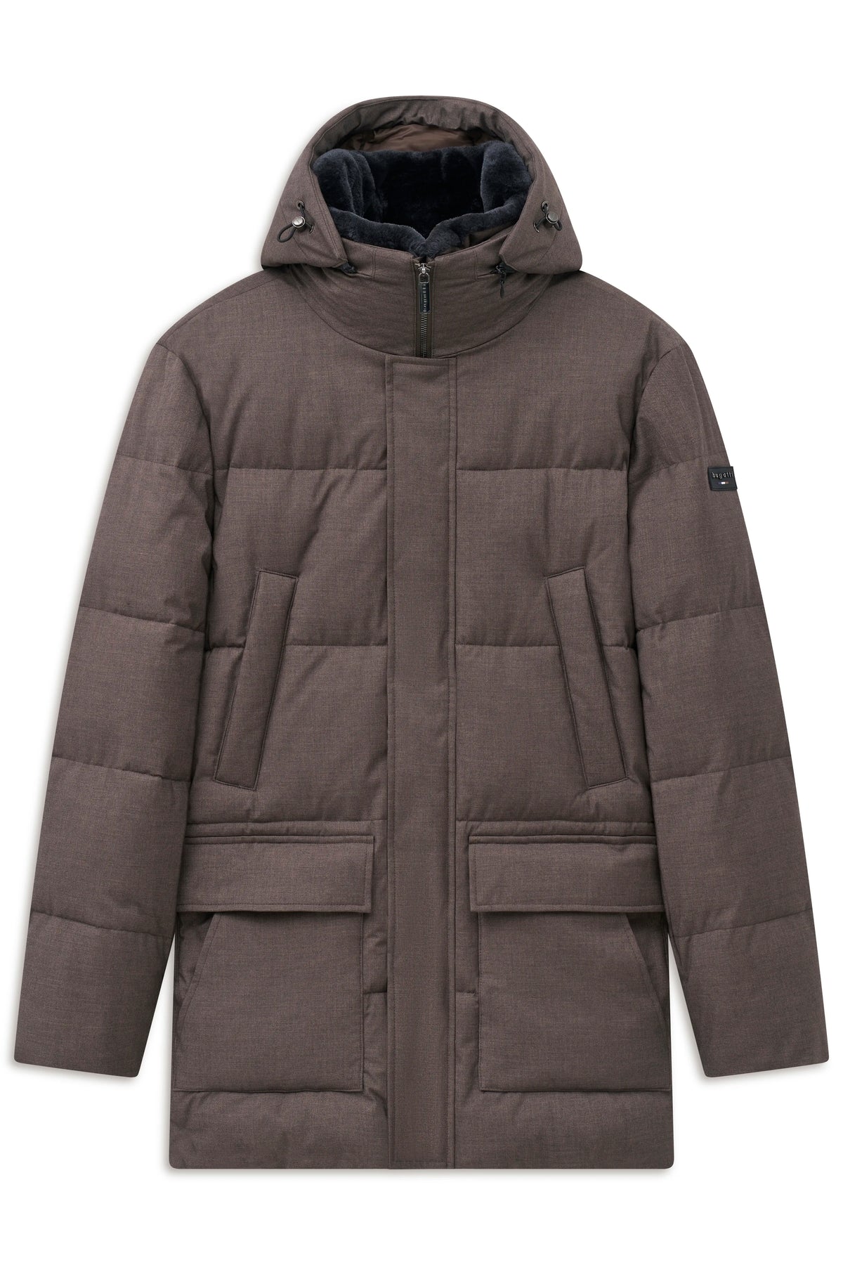 Braune bugatti Daunenjacke mit Kapuze, Büstenbild, elegante Steppoptik.