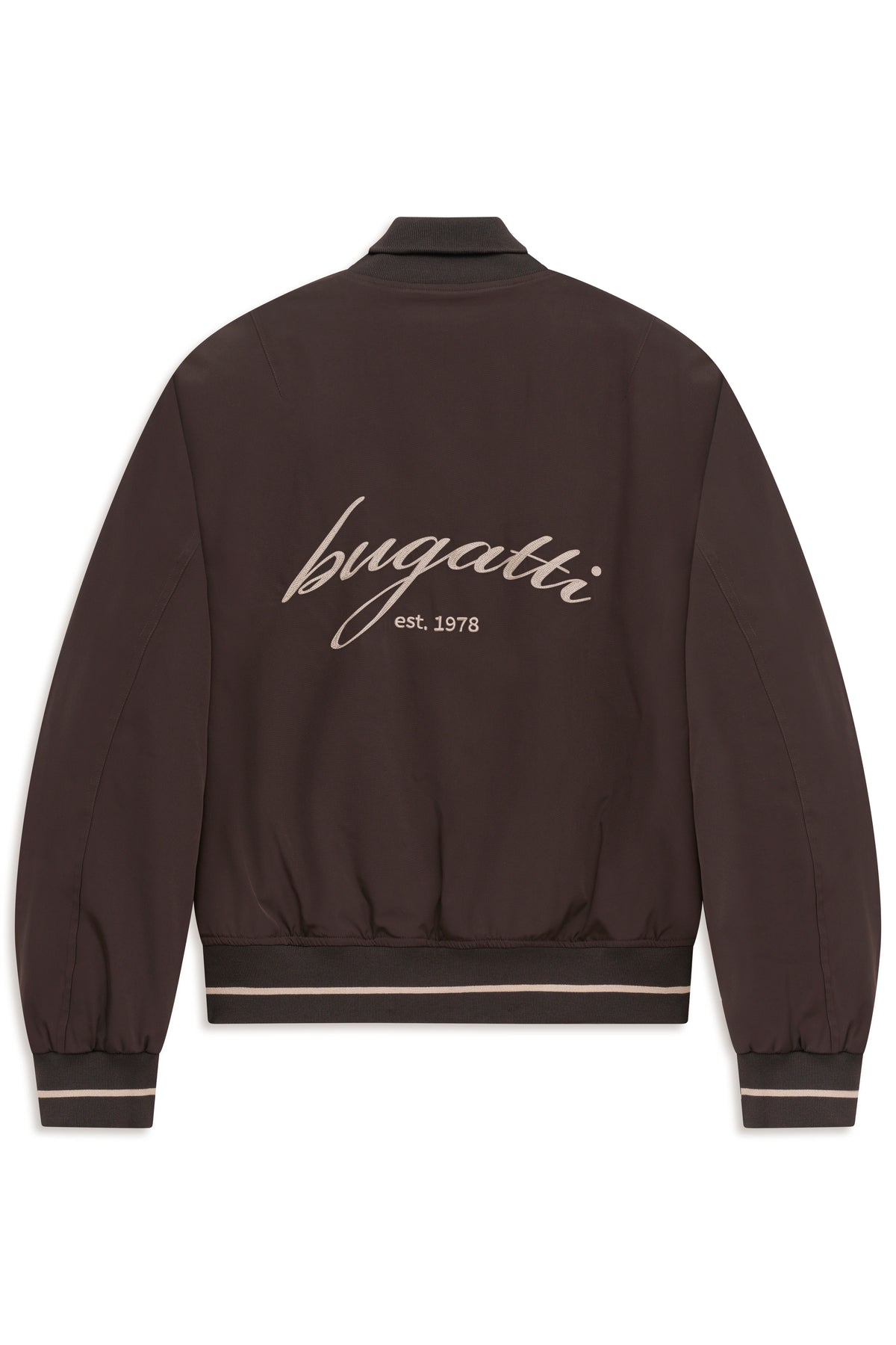 bugatti braune Jacke Rückansicht mit Logo, sportliches Design, Büstenbild.