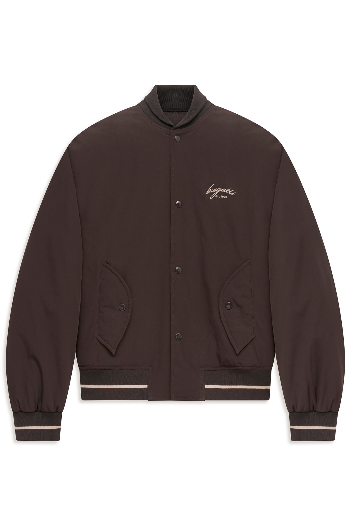 Dunkelbraune bugatti Collegejacke mit gesticktem Logo, Büstenbild.