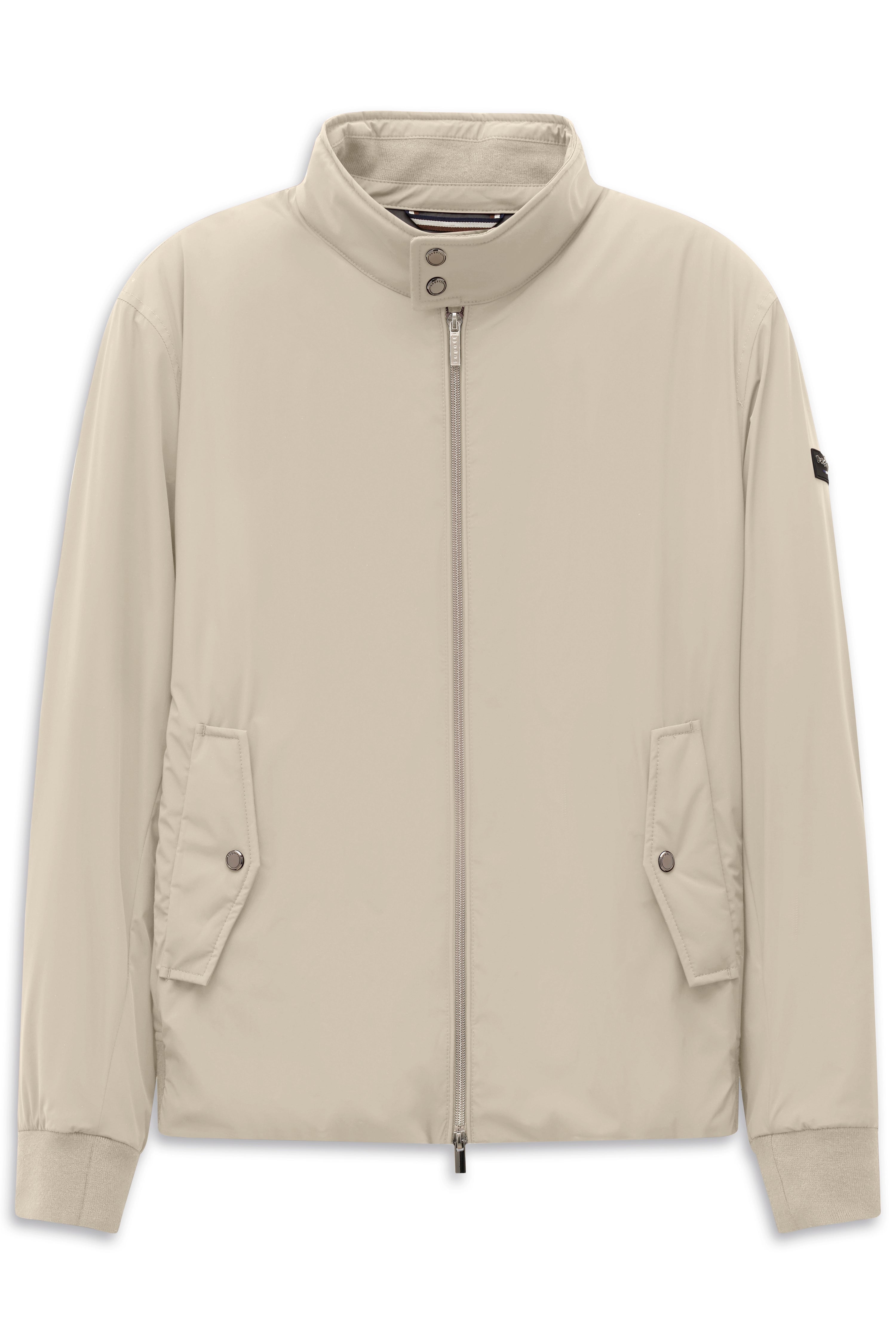 Beige bugatti Jacke, Büstenbild, Stehkragen, Reißverschluss, minimalistisch.