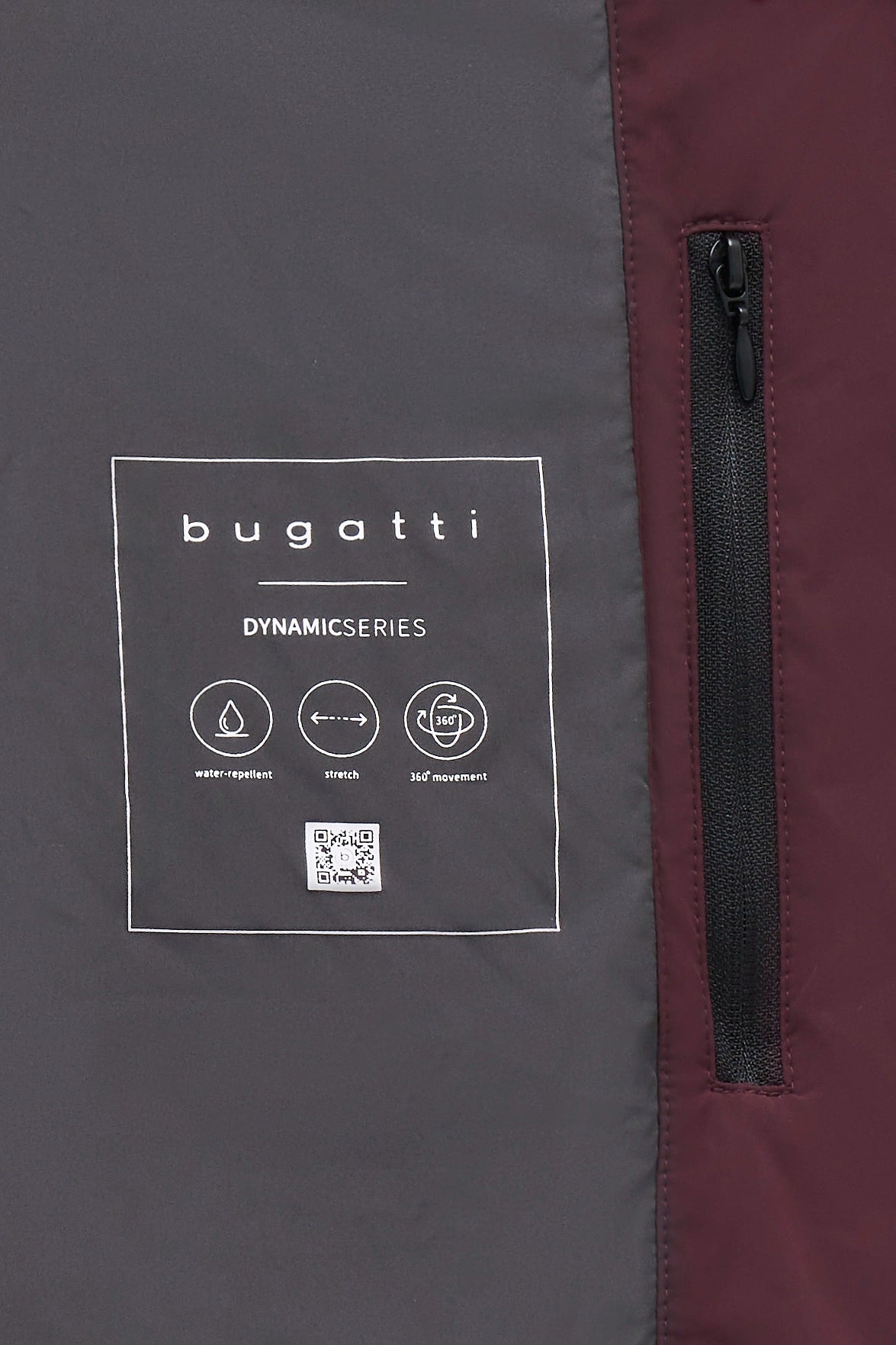 bugatti Jacke, grau und bordeaux, wasserabweisend, Stretch, Nahaufnahme, QR-Code sichtbar.