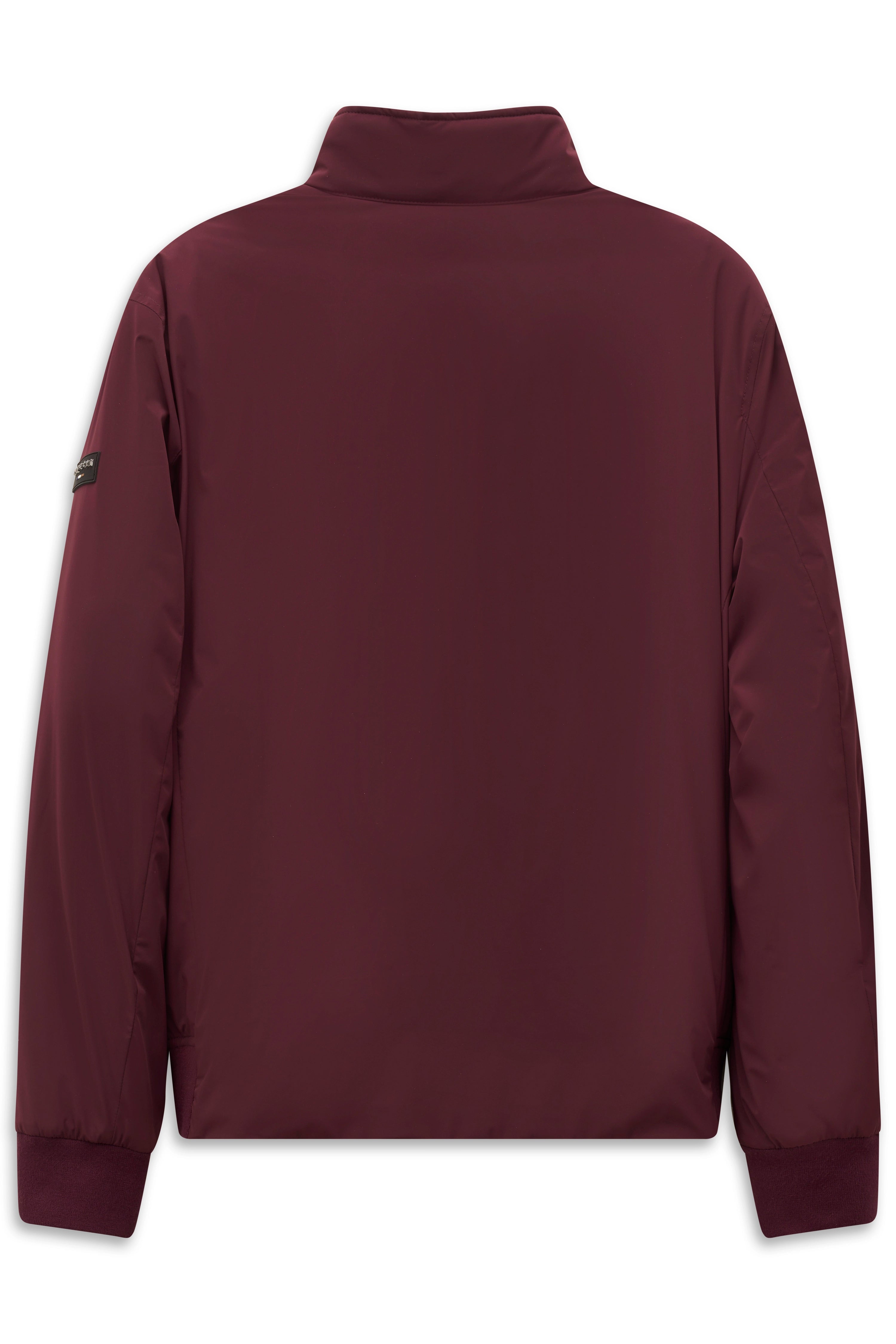 Bordeauxfarbene bugatti Jacke, Rückansicht, schlichtes Design, legeres Büstenbild.