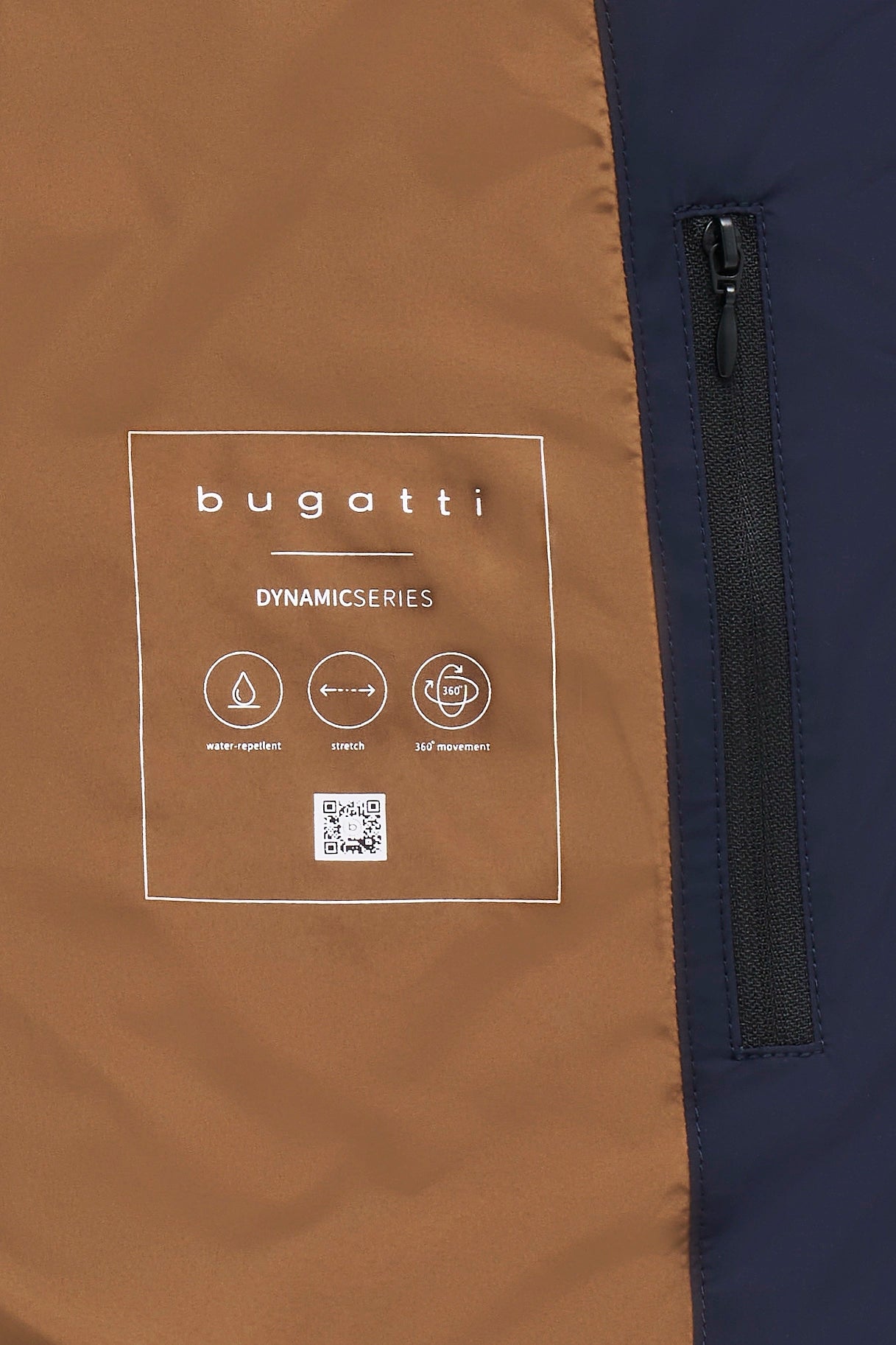 bugatti Jackenfutter, braun und navy, Detailansicht mit Logo und Eigenschaften.