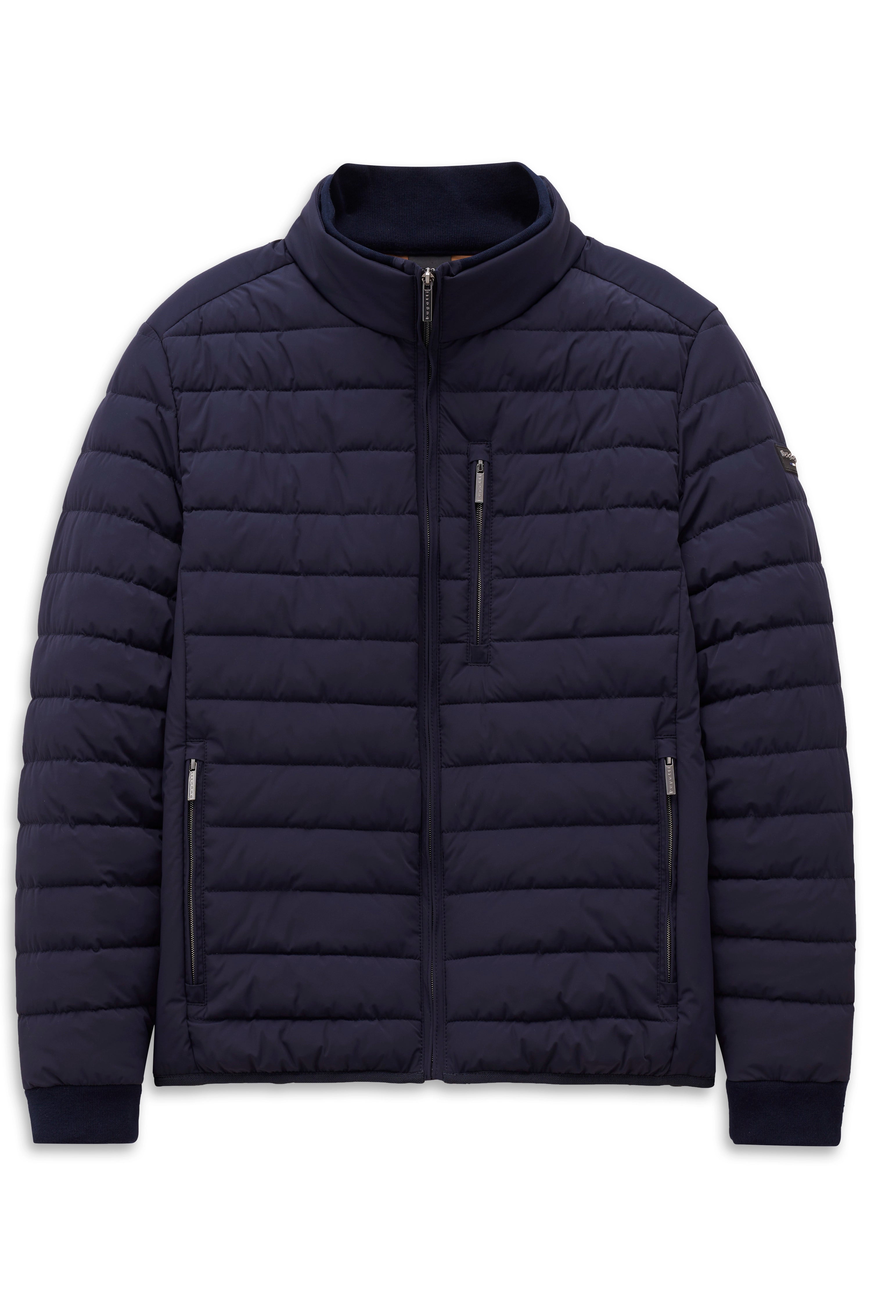 Dunkelblaue Steppjacke von bugatti, Büstenbild, mit Reißverschlüssen und Stehkragen.