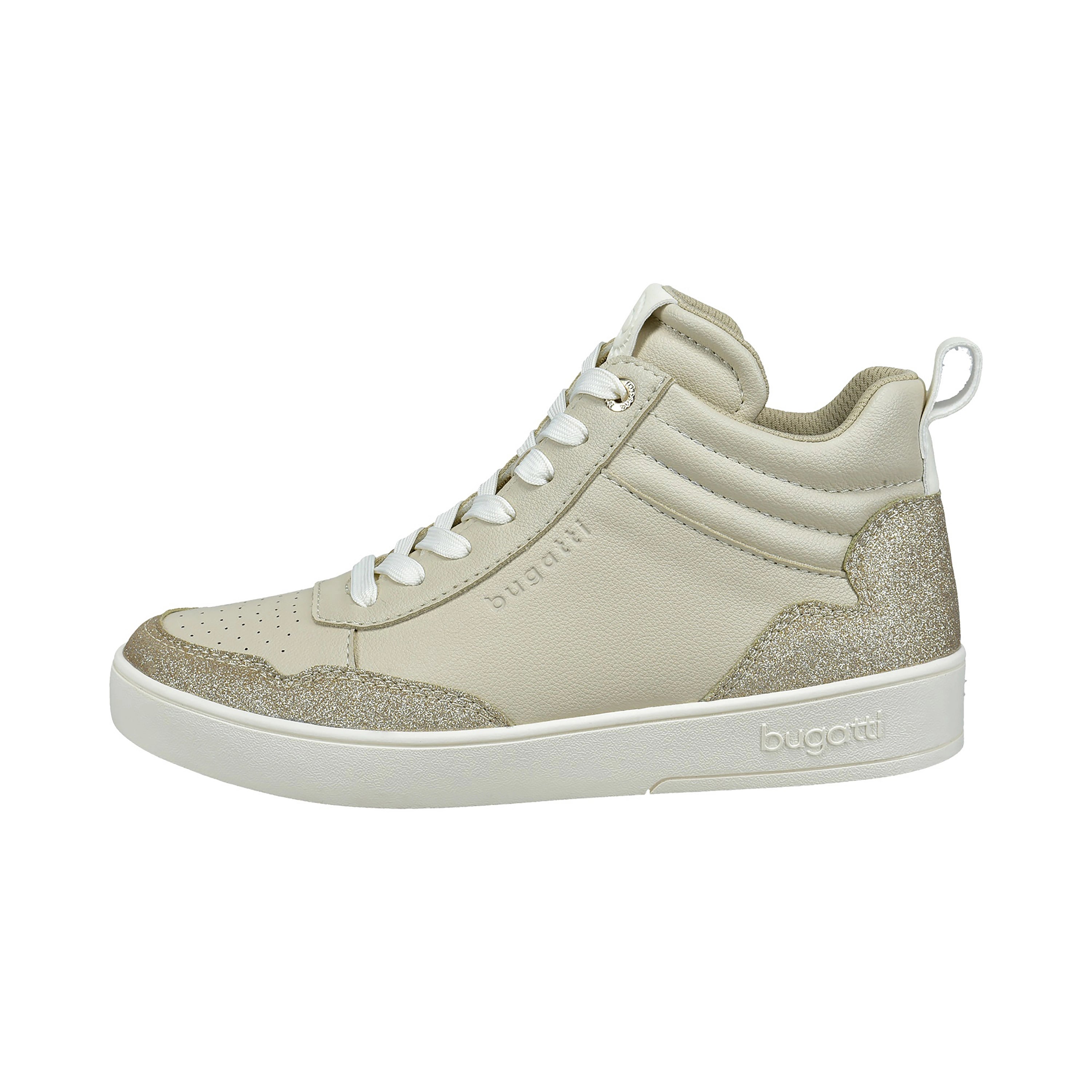 bugatti Sneaker, cremefarben mit goldenen Glitzerakzenten, Seitenansicht, sportlich-elegantes Design.