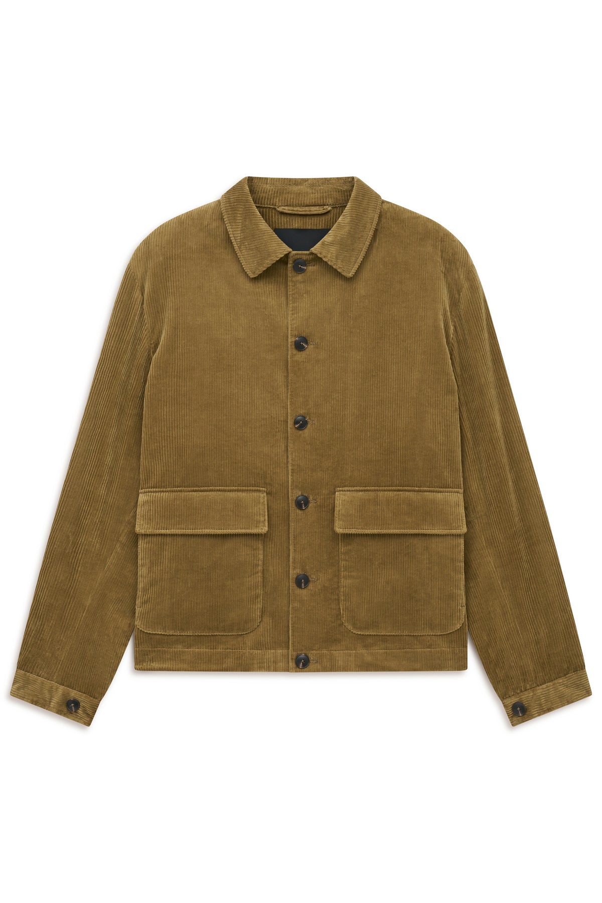 Cordjacke in Olivgrün von bugatti, Büstenbild, mit Knopfleiste und aufgesetzten Taschen.