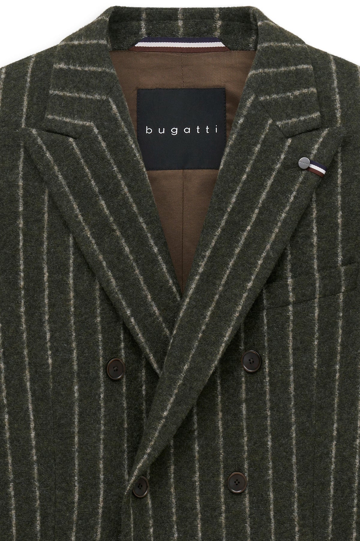 bugatti gestreifter Blazer in Oliv mit Nadelstreifenmuster, Büstenbild, elegantes Design.
