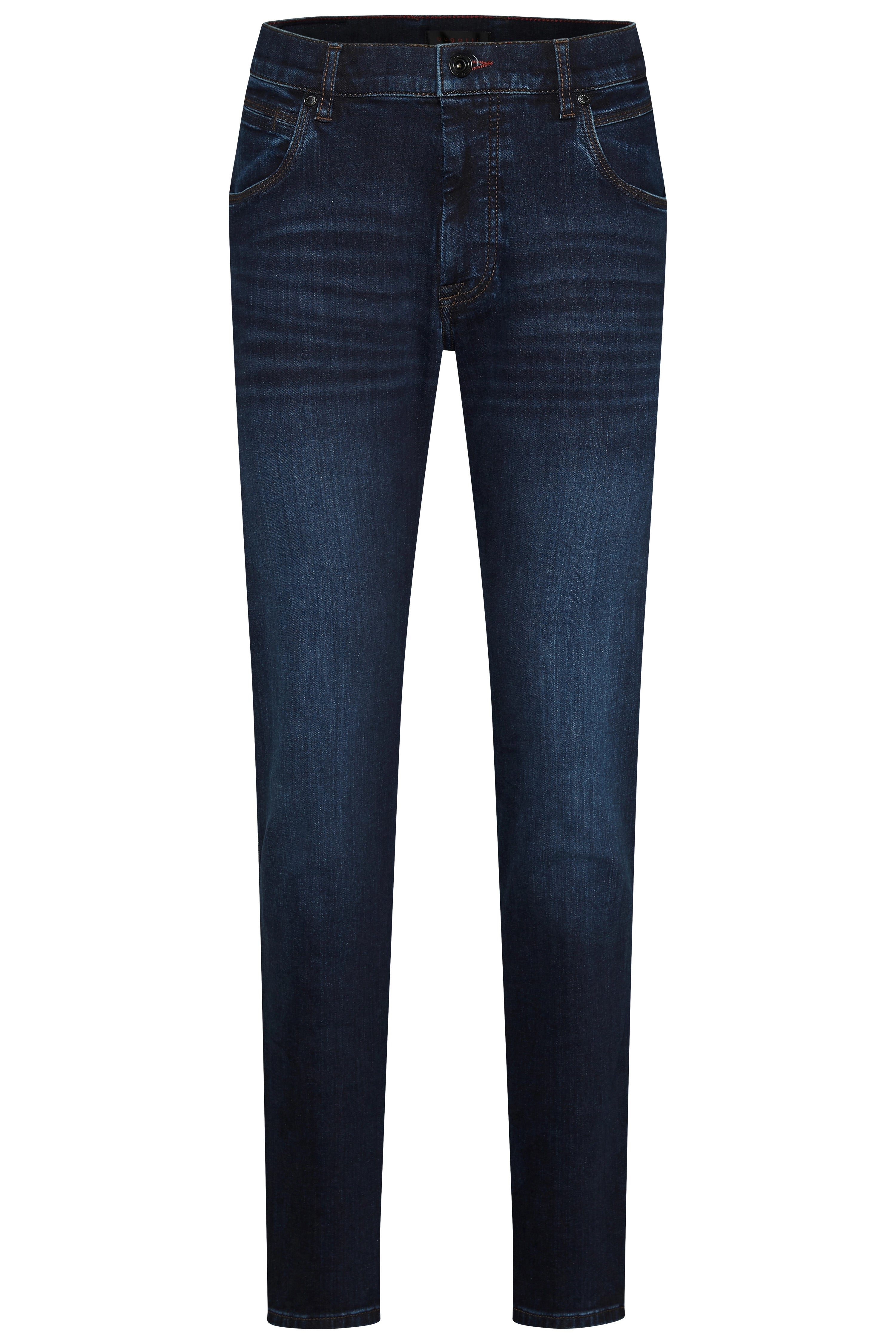 Dunkelblaue bugatti Jeans, Büstenbild, klassisches Design, zeitloser Stil.