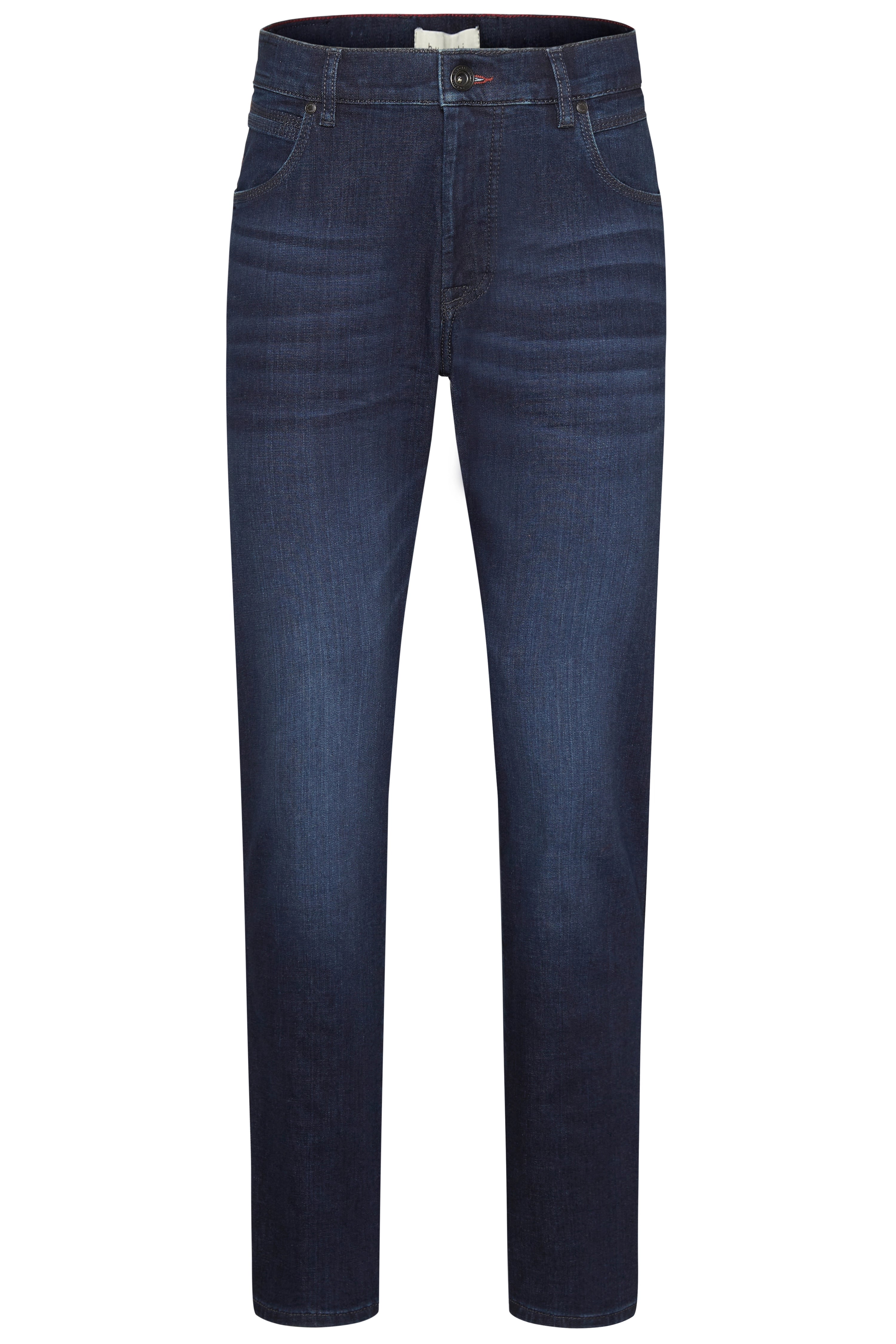 Dunkelblaue bugatti Jeans, legeres Büstenbild, zeitloser Stil.