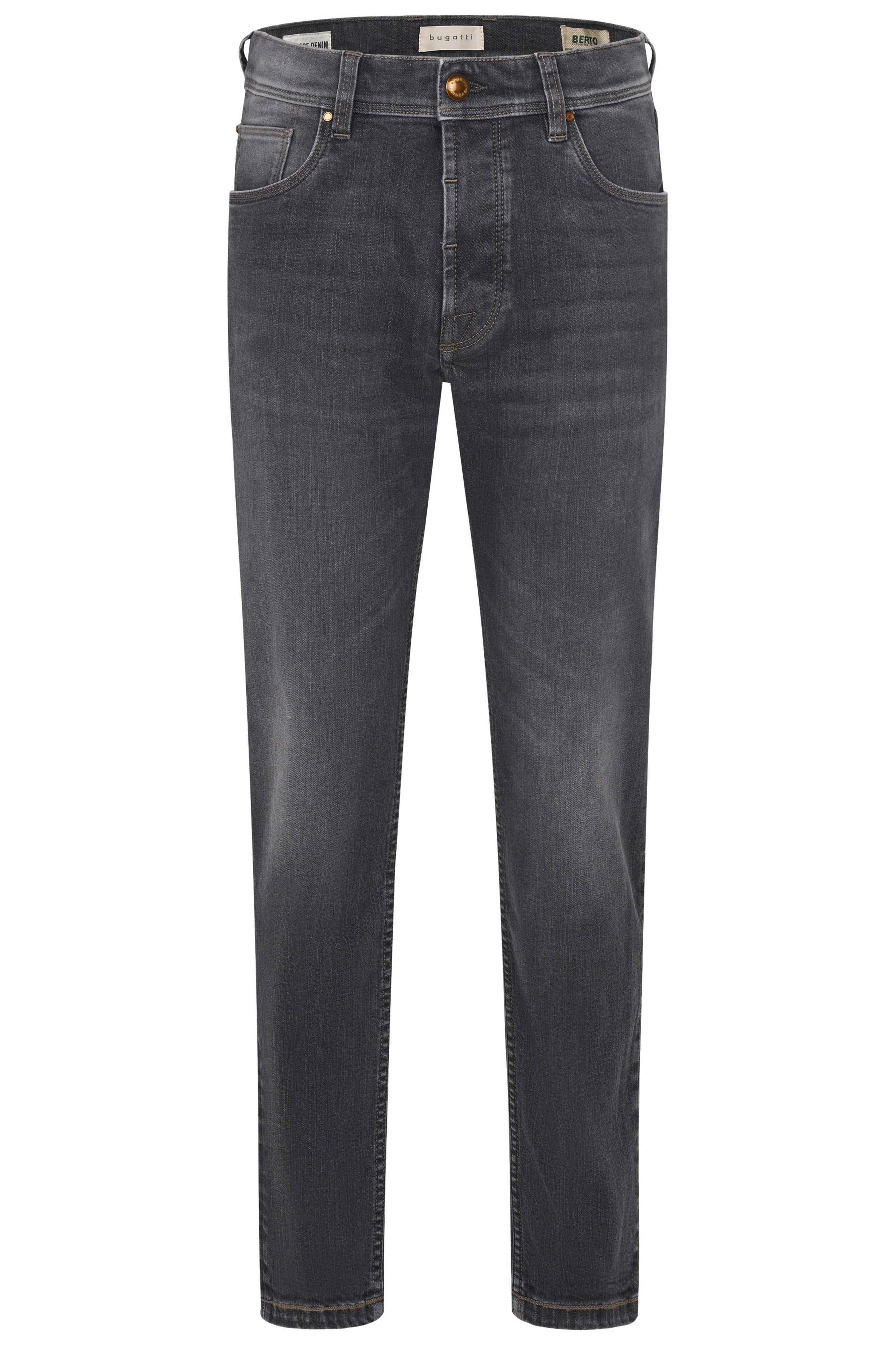 Graue bugatti Jeans, Büstenbild, schlichte Eleganz, zeitloses Design.