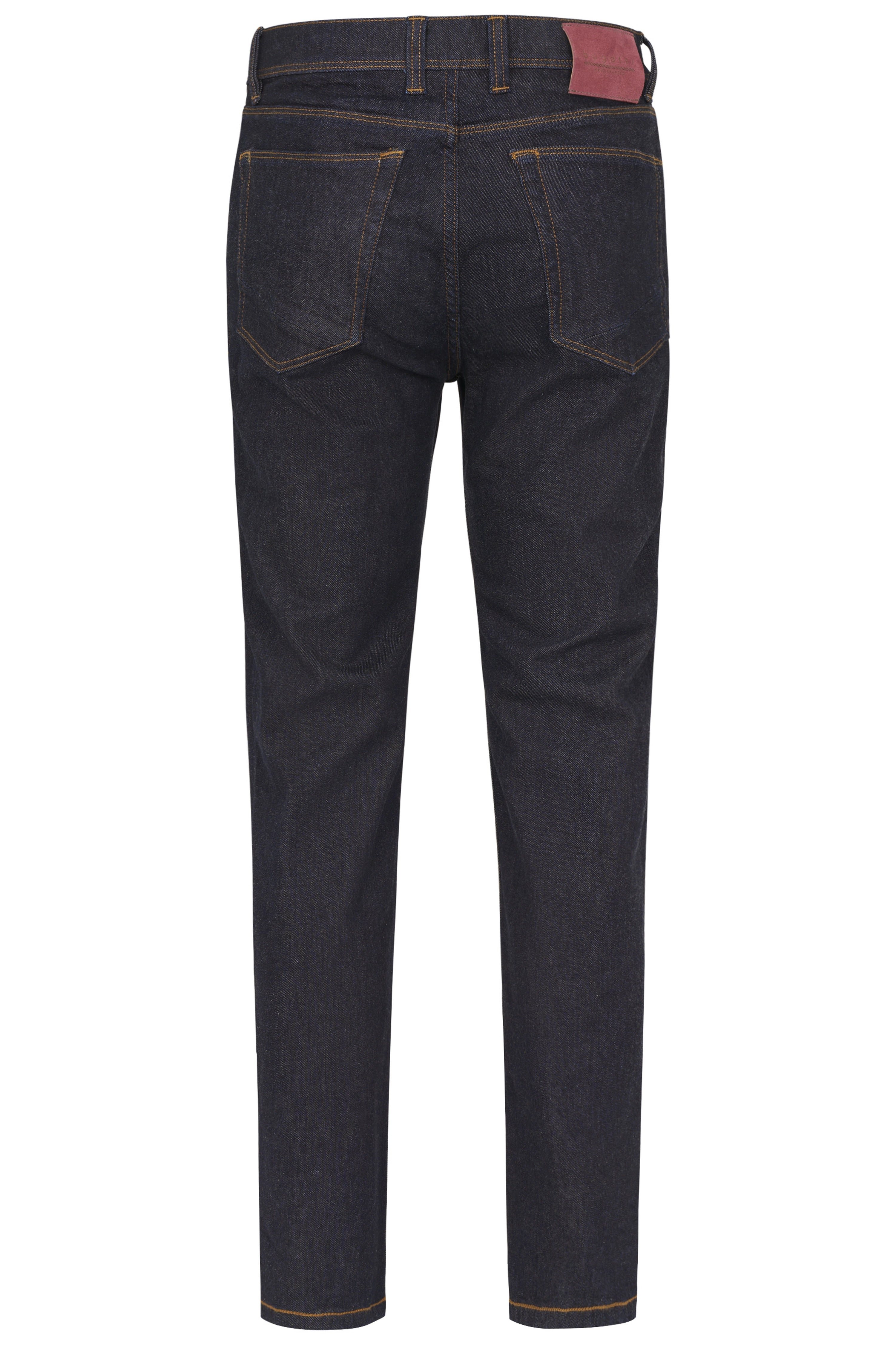 Dunkelblaue Jeans von bugatti, Rückansicht, leger, mit gelben Nähten und rotem Label.
