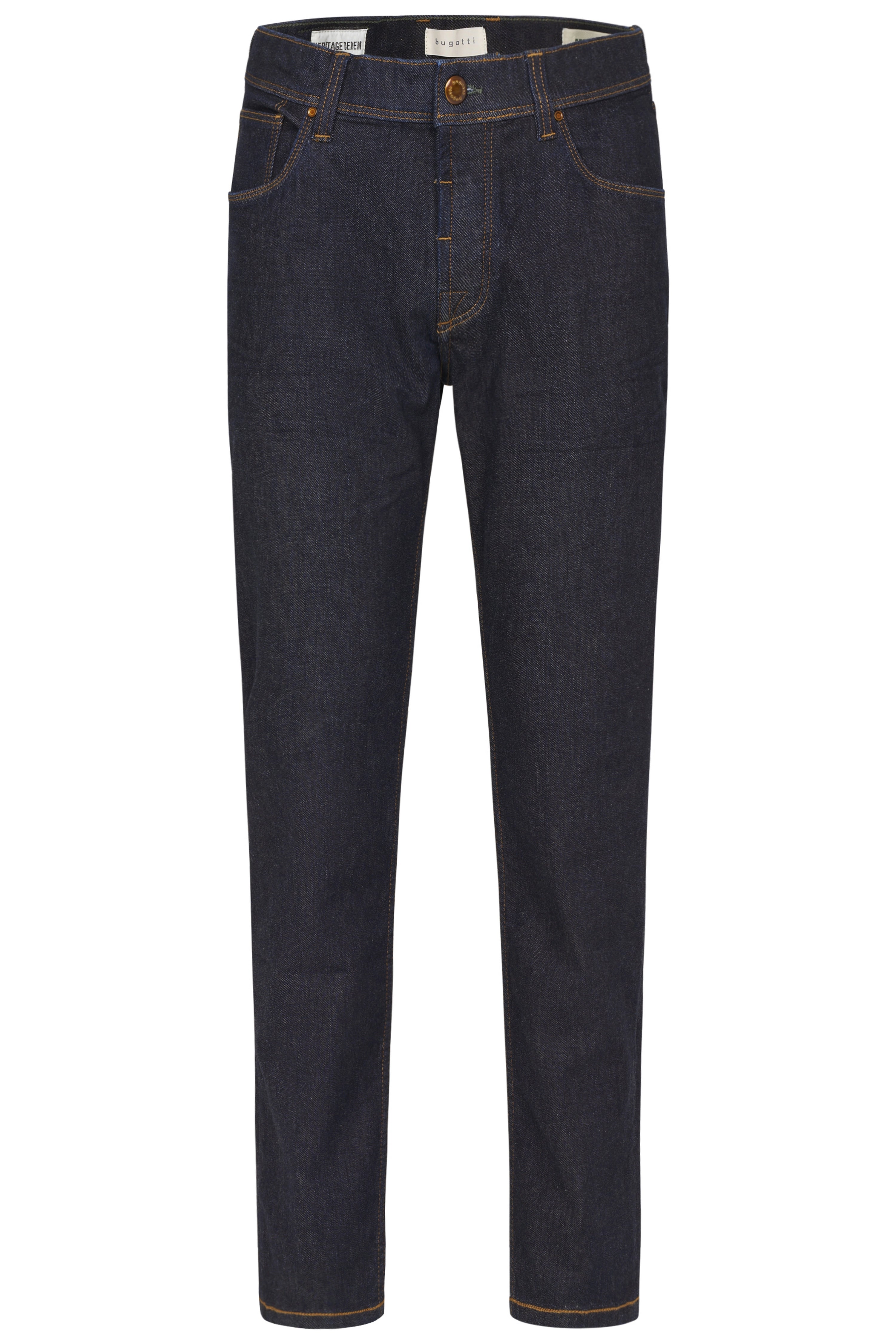 Dunkelblaue bugatti Jeans, klassisches Design, Büstenbild.