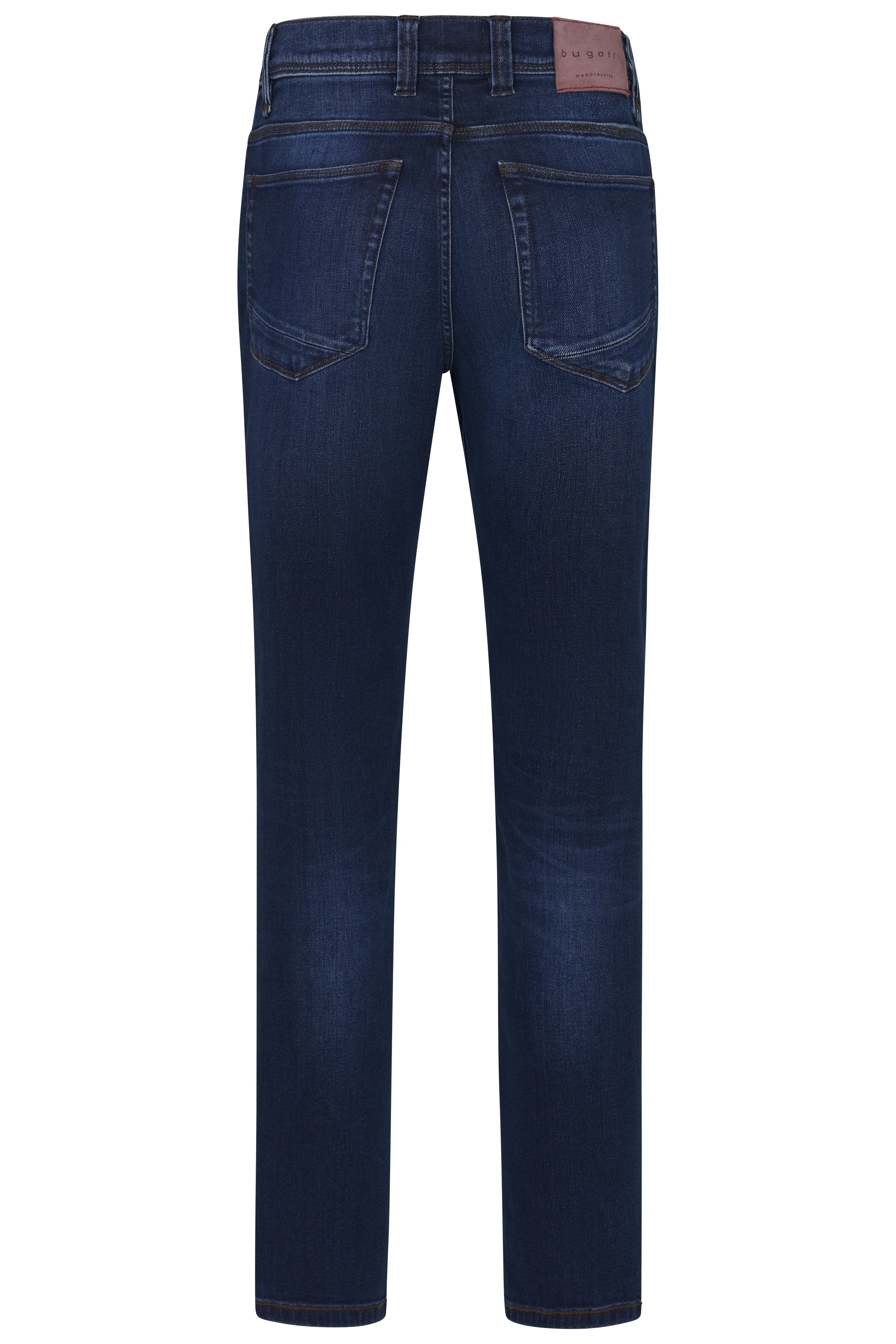 Dunkelblaue bugatti Jeans, legeres Büstenbild, klassisches Design, hochwertige Verarbeitung.