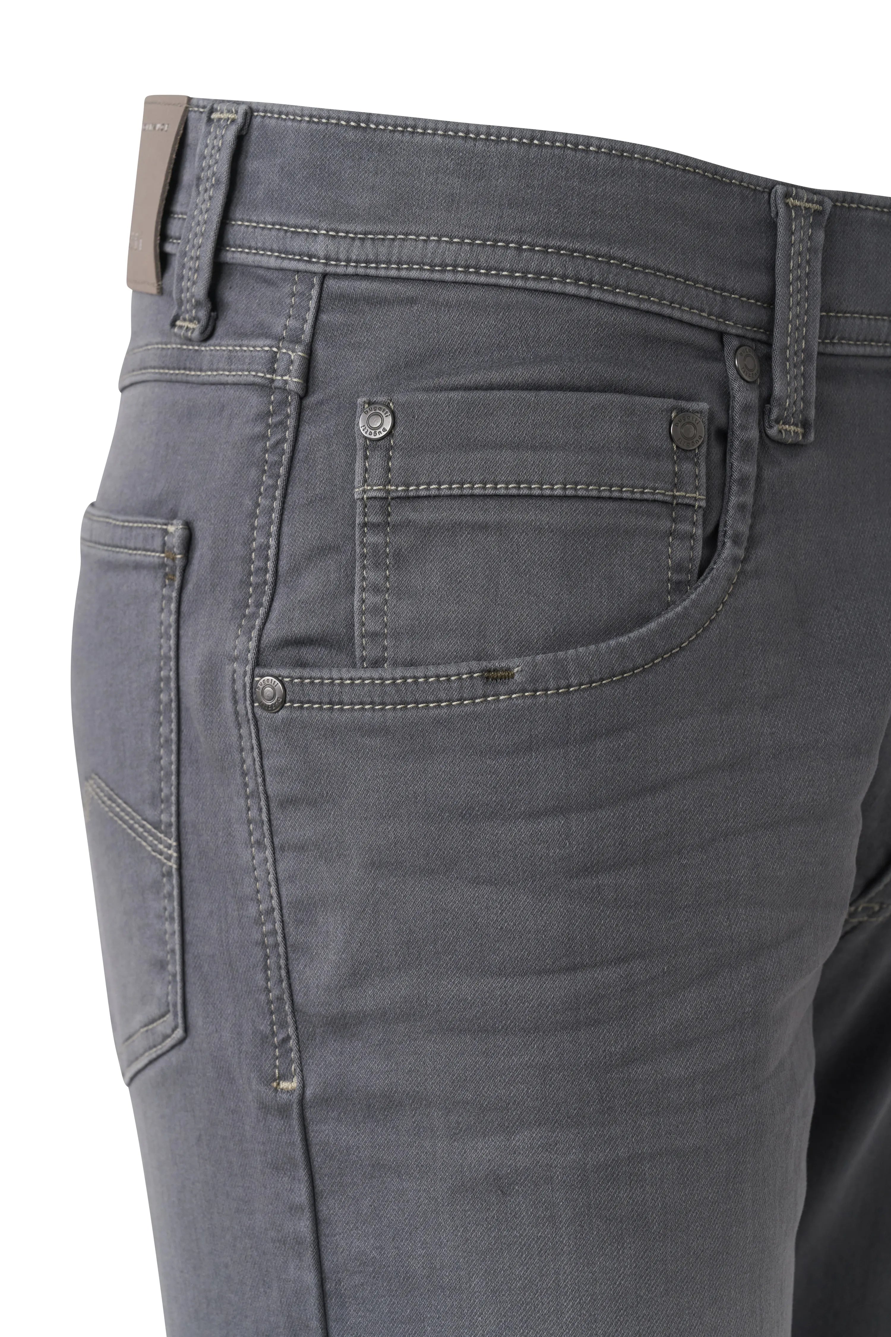 Graue bugatti Jeans, Detailansicht, legerer Look, hochwertige Verarbeitung.