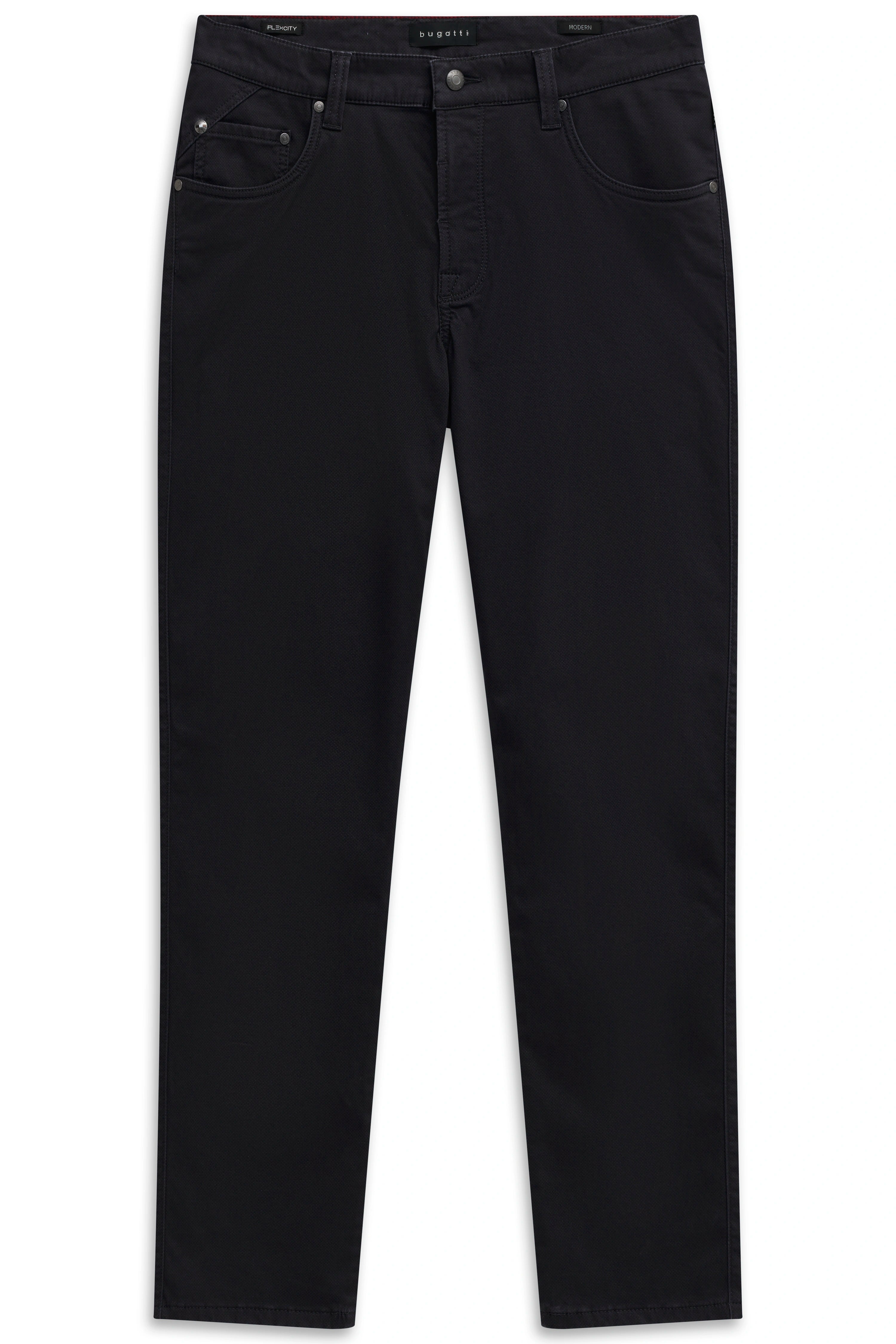 Schwarze bugatti Hose, Büstenbild, gerade geschnitten, klassische Five-Pocket-Design.