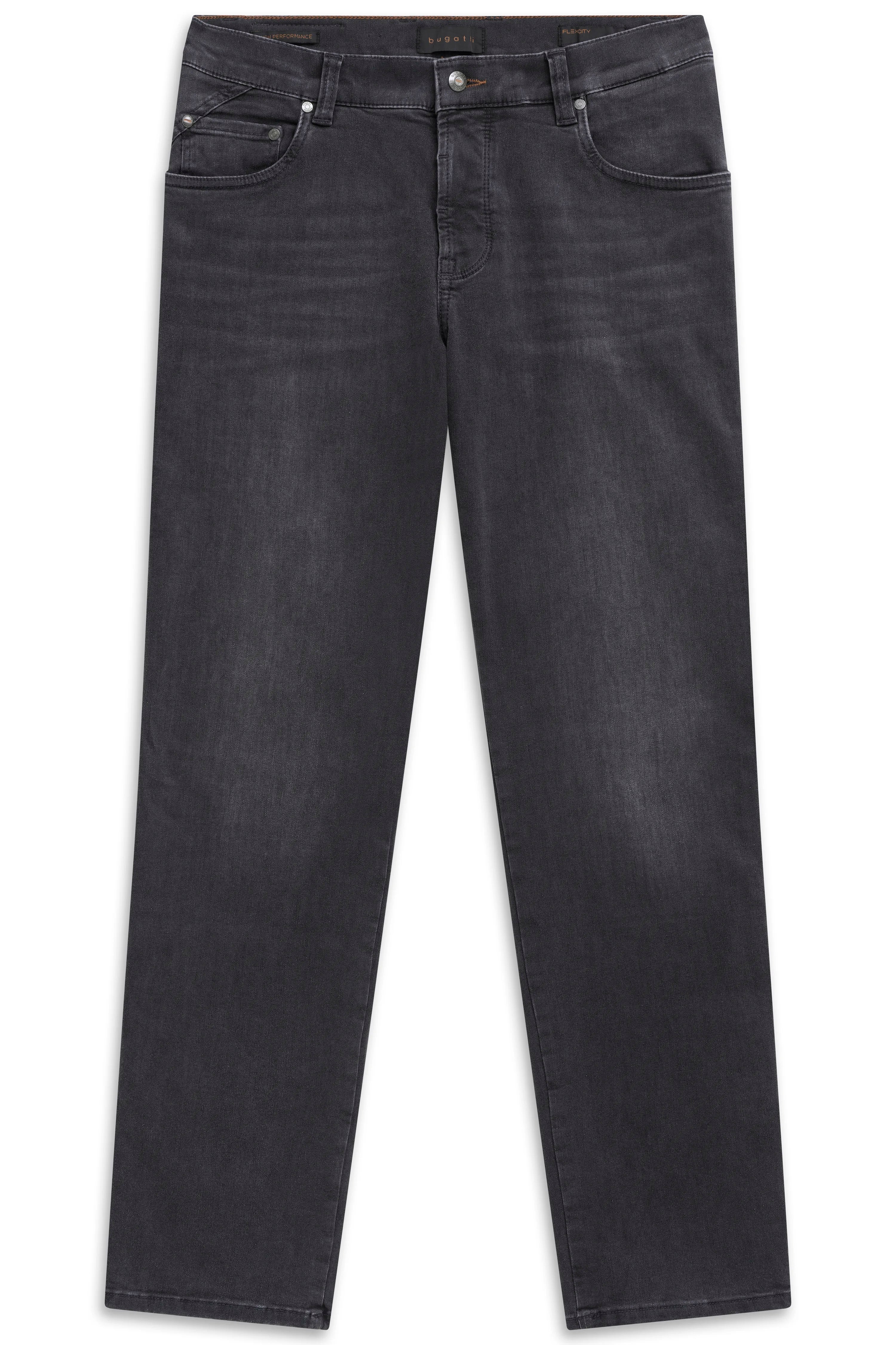 Graue bugatti Jeans, legeres Büstenbild, zeigt zeitlose Eleganz und hochwertige Verarbeitung.