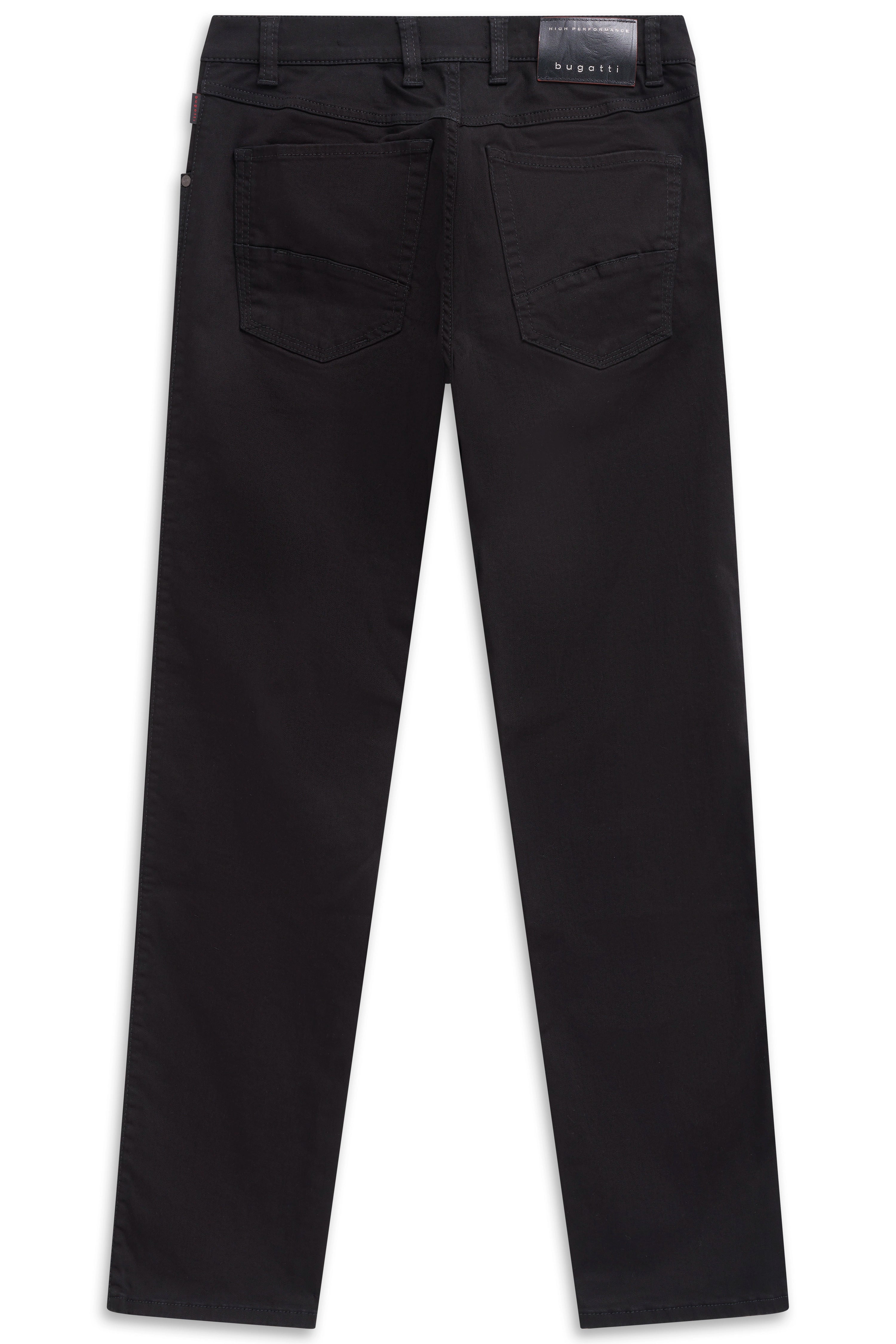 Schwarze bugatti Jeans in Büstenbild, klassisches Design, stilvoll und vielseitig.