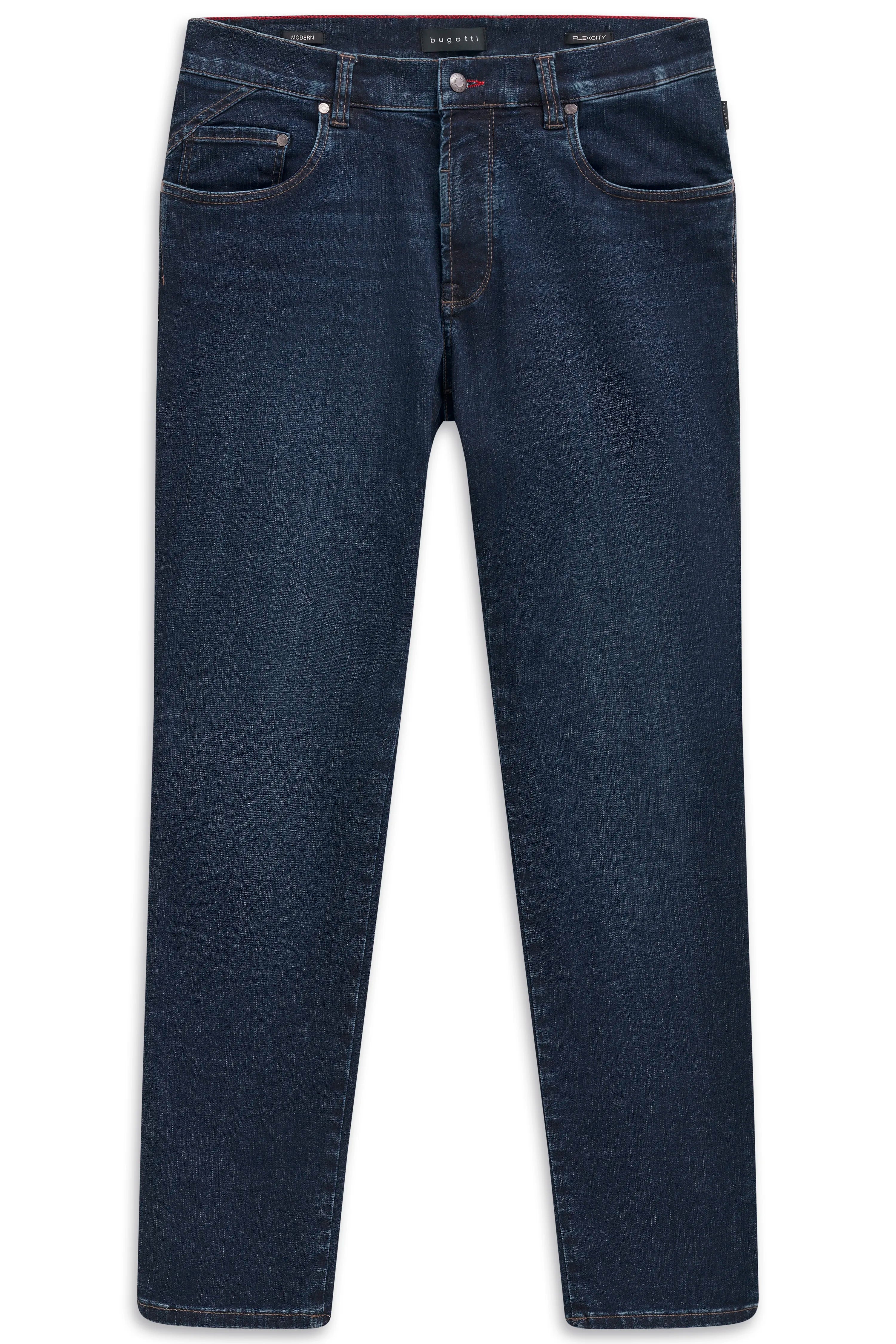 Dunkelblaue bugatti Jeans, klassische Passform, legeres Büstenbild.