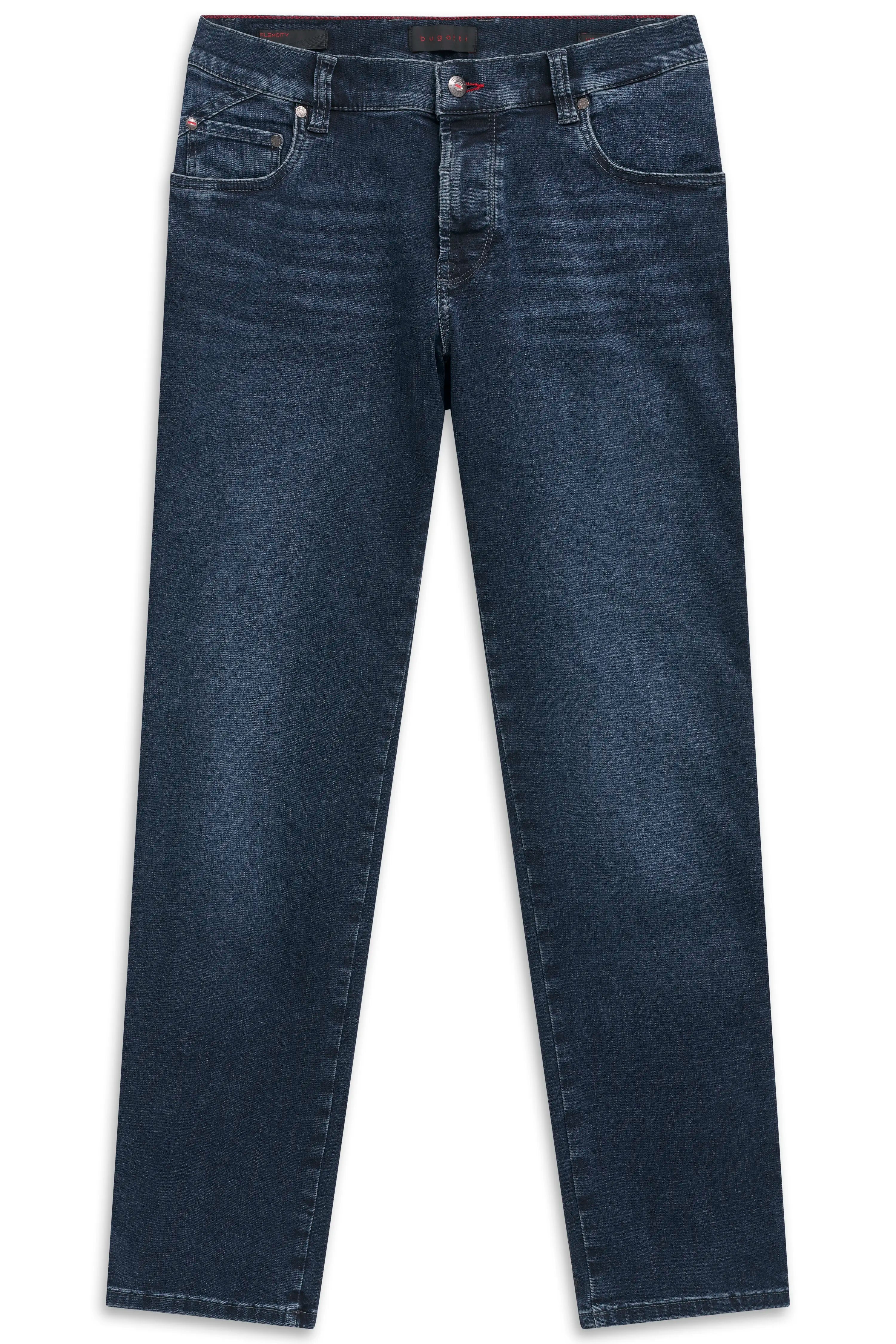 Dunkelblaue bugatti Jeans, Büstenbild, klassische Passform.
