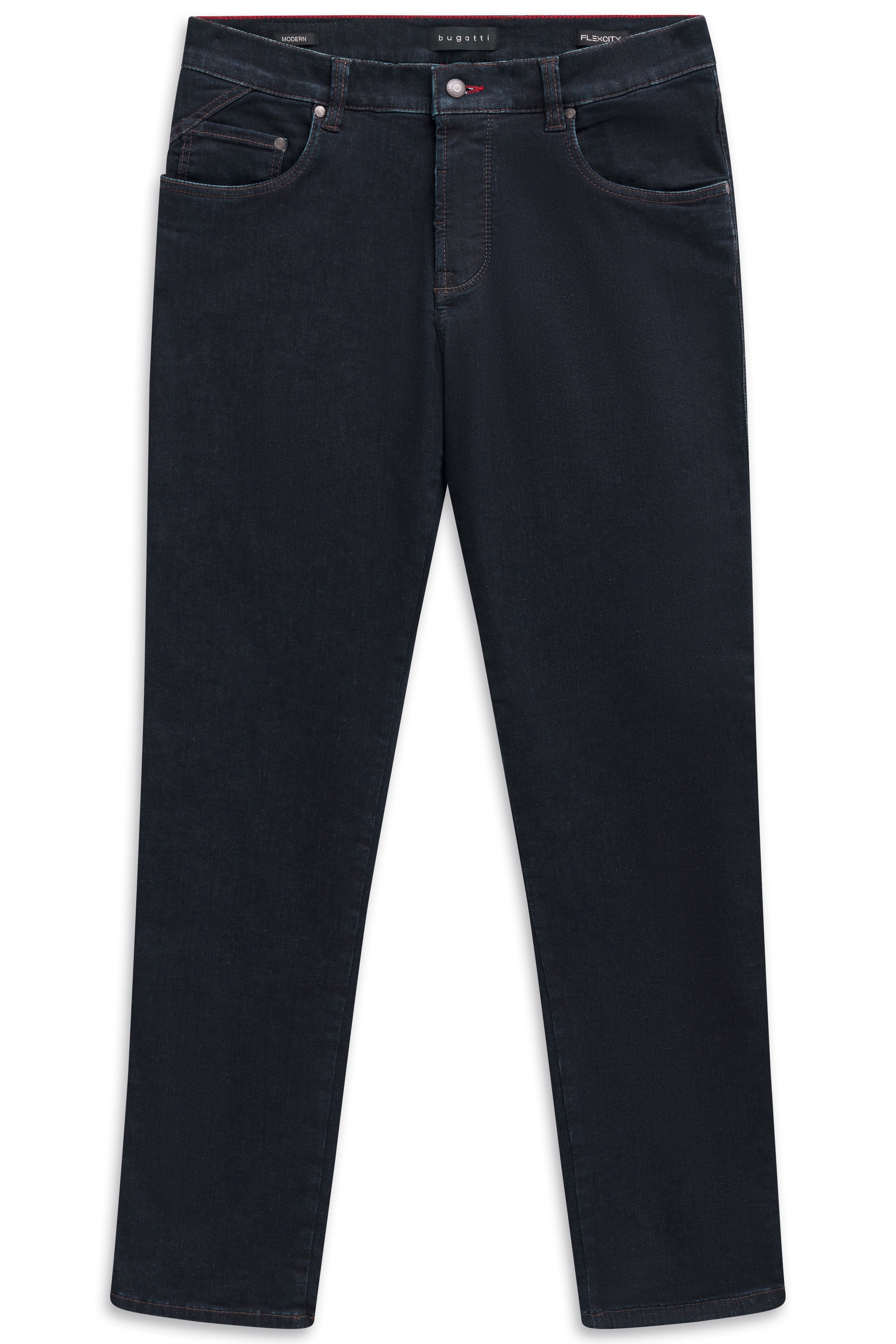 Dunkelblaue bugatti Jeans mit modernem Schnitt, Büstenbild.