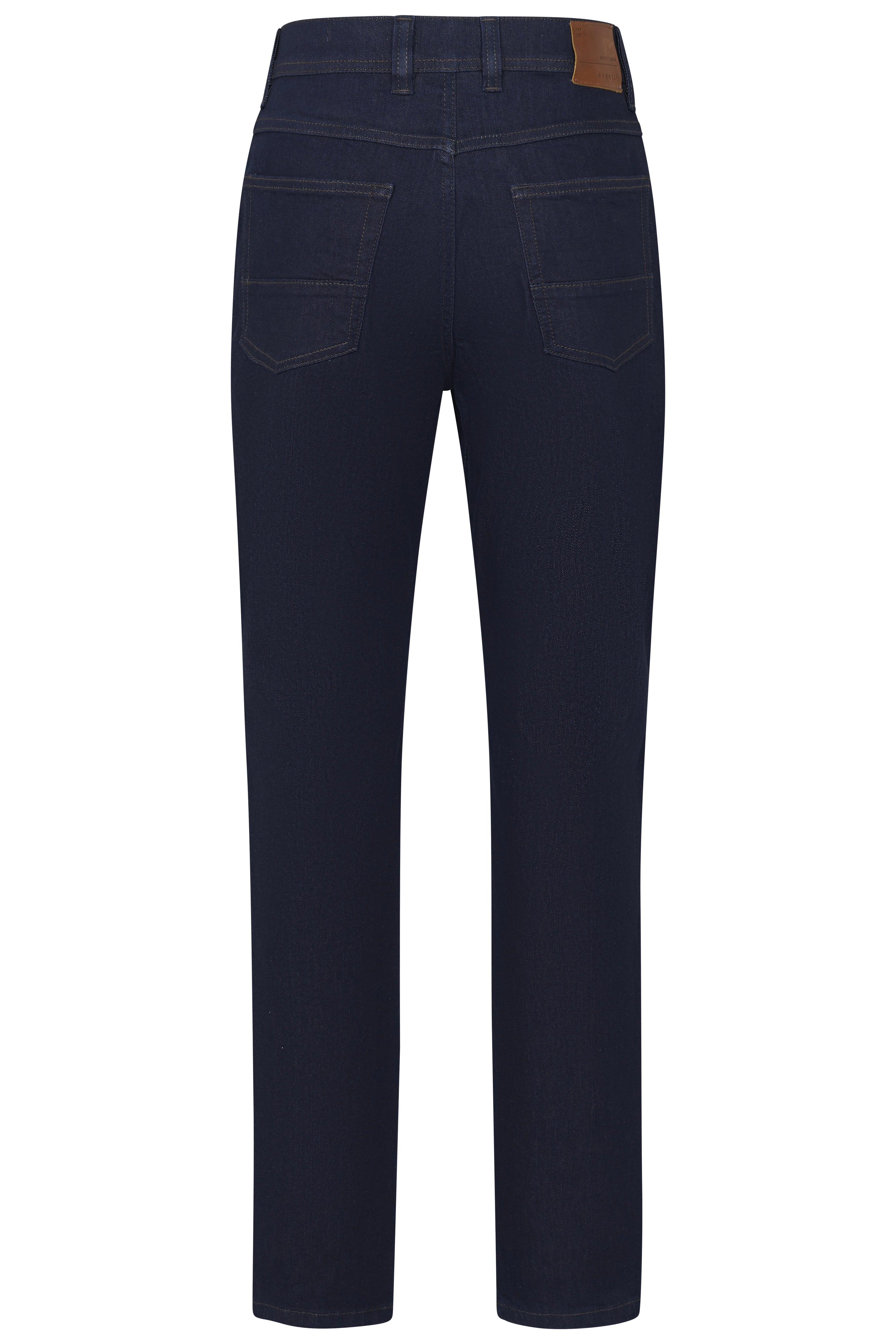 Dunkelblaue bugatti Jeans, Rückansicht, legeres Design, klassische Passform.