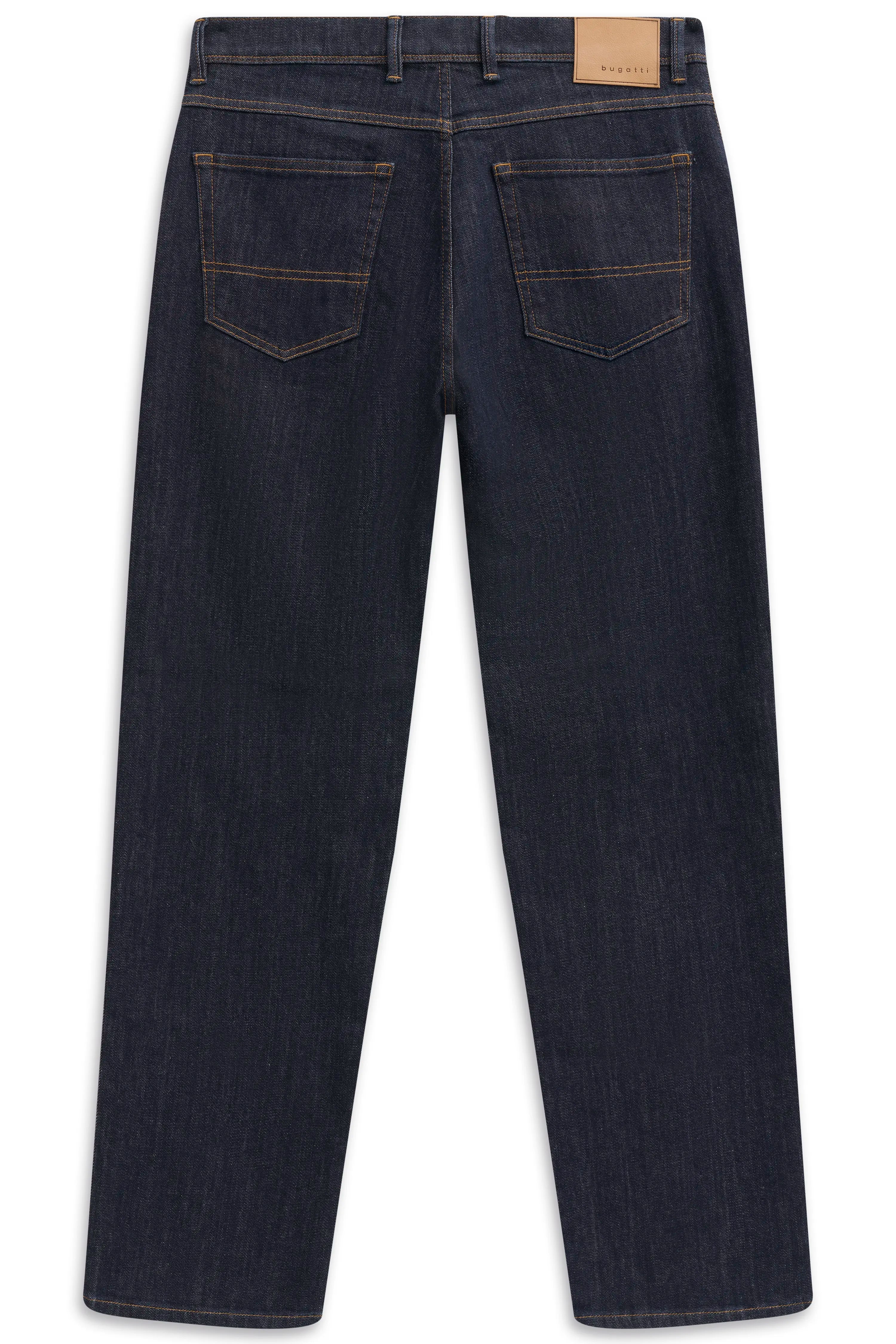 Dunkelblaue bugatti Jeans, Rückansicht, schlichtes Design, Büstenbild.