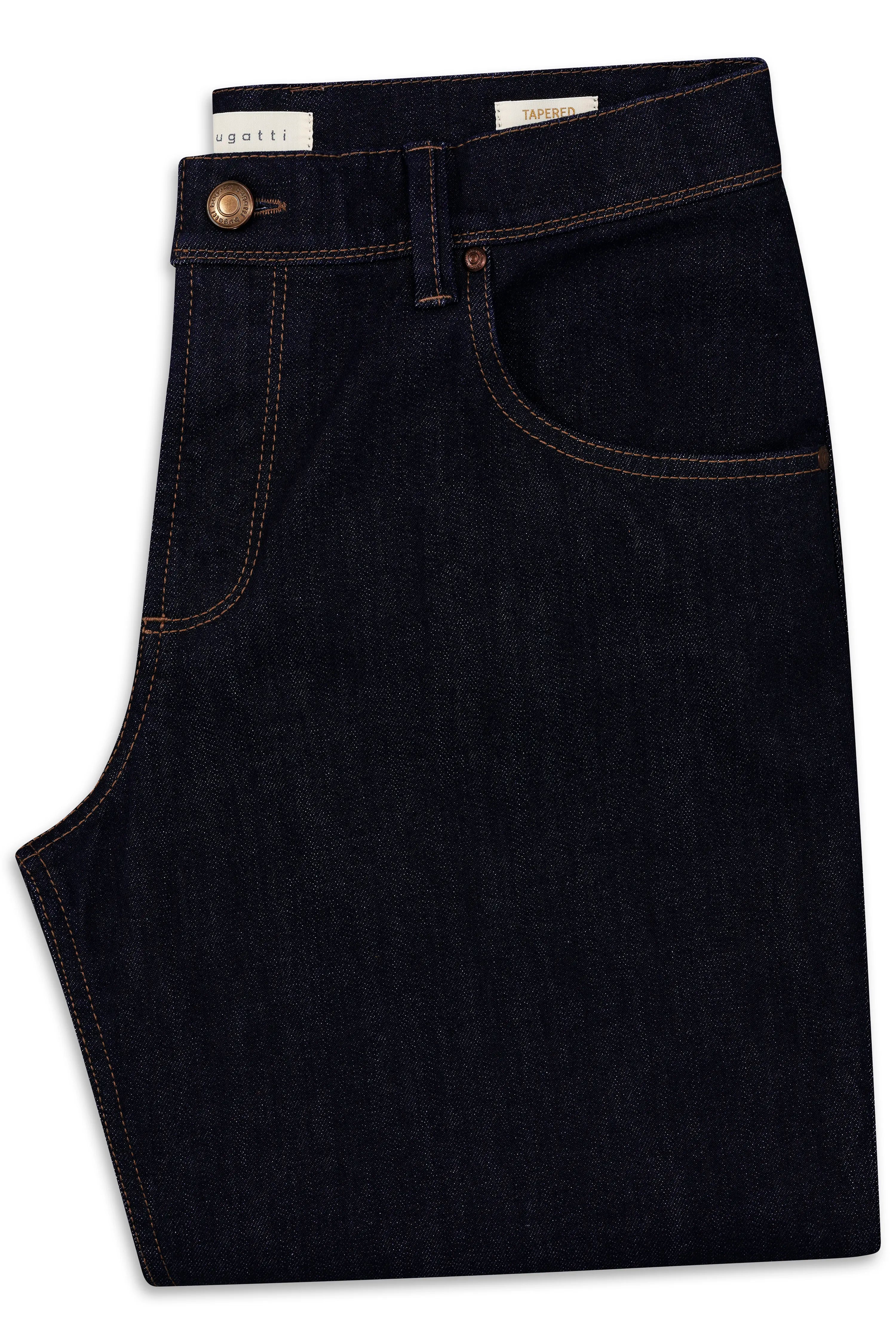 Dunkelblaue Jeans von bugatti, Detailaufnahme, eleganter Stil, hochwertige Verarbeitung.