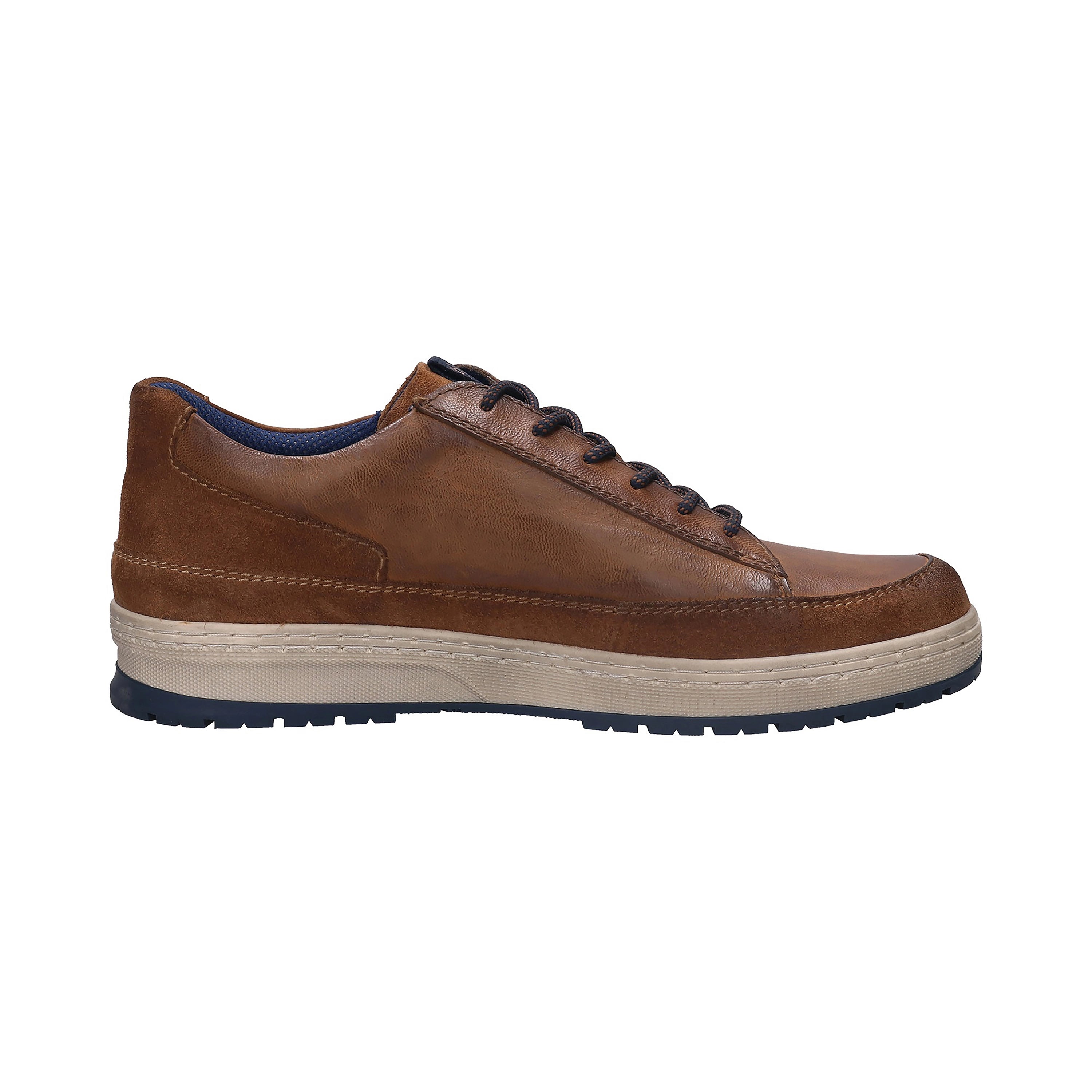 Bruine bugatti leren schoen, zijaanzicht, casual, blauwe details.