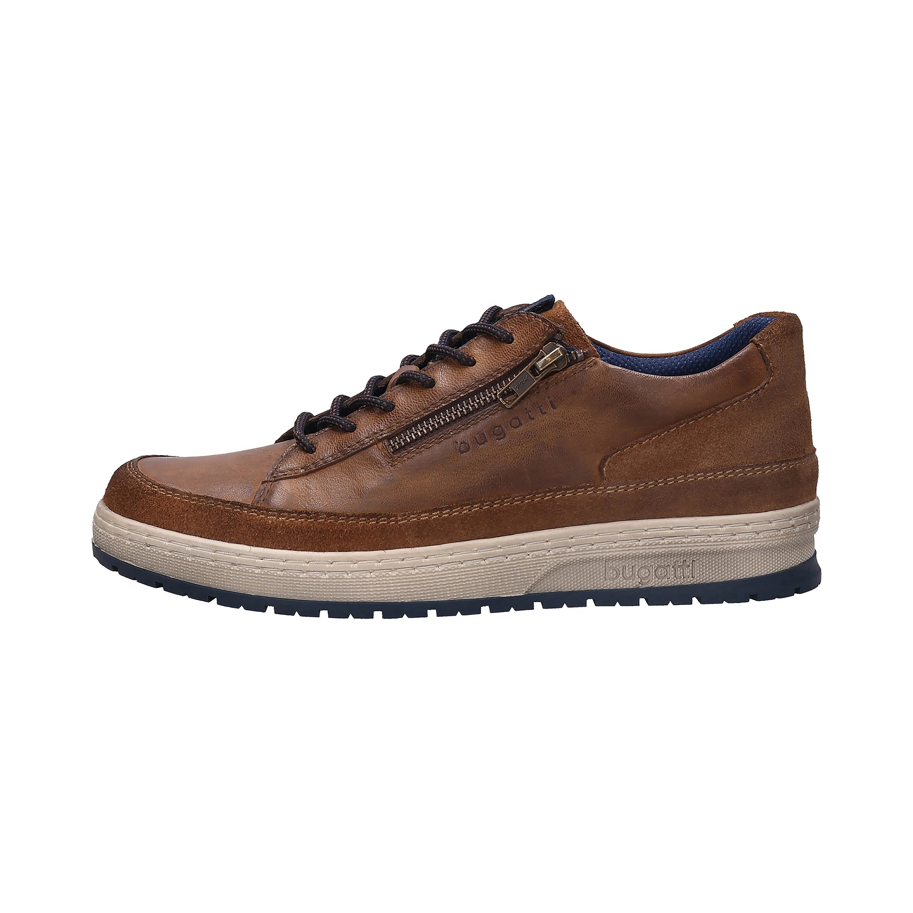 Men's brown bugatti sneakers with zipper, side view.