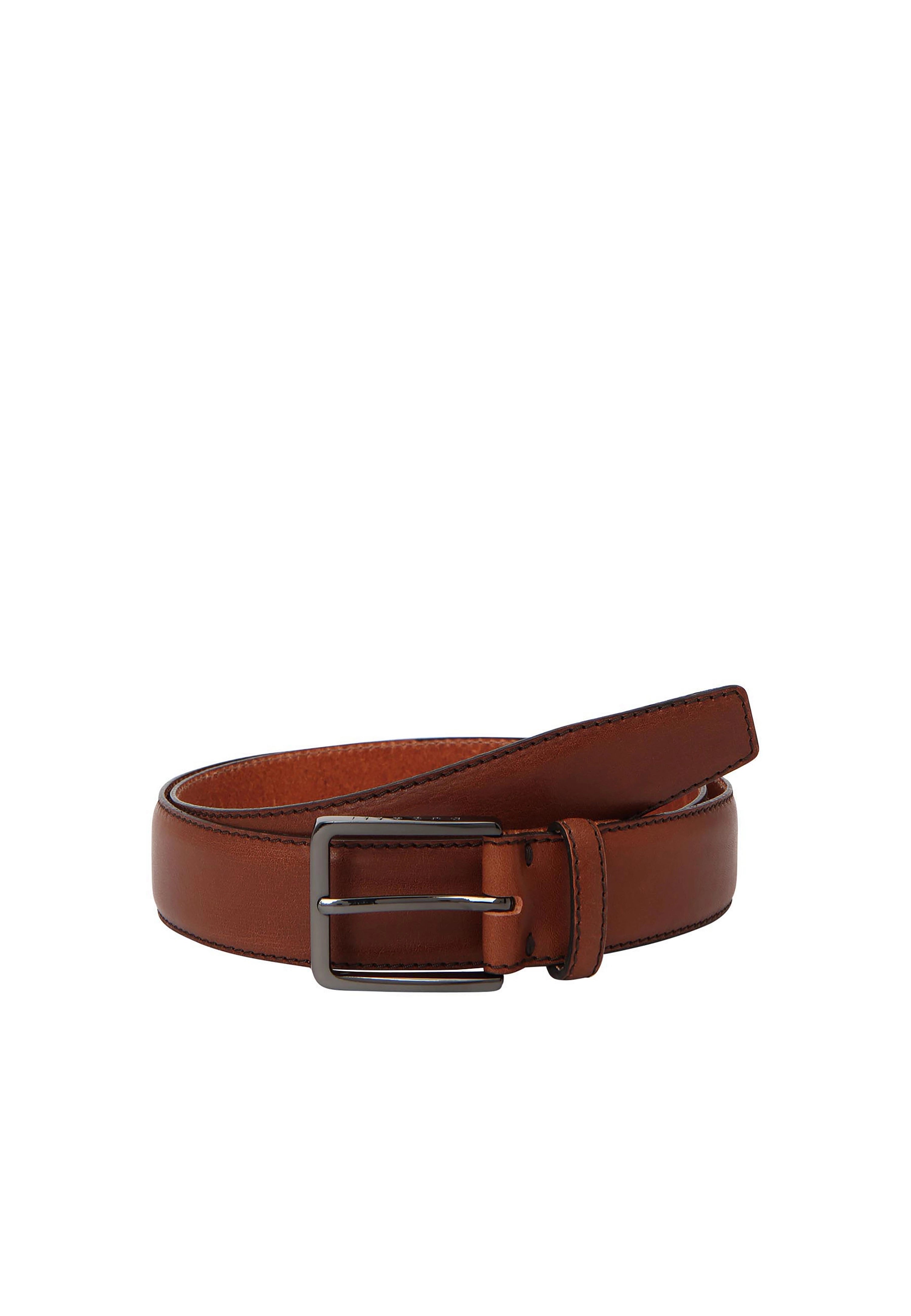 Leder-Gürtel in warmem Braunton, klassische Schnalle, Büstenbild, bugatti Stil und Qualität.