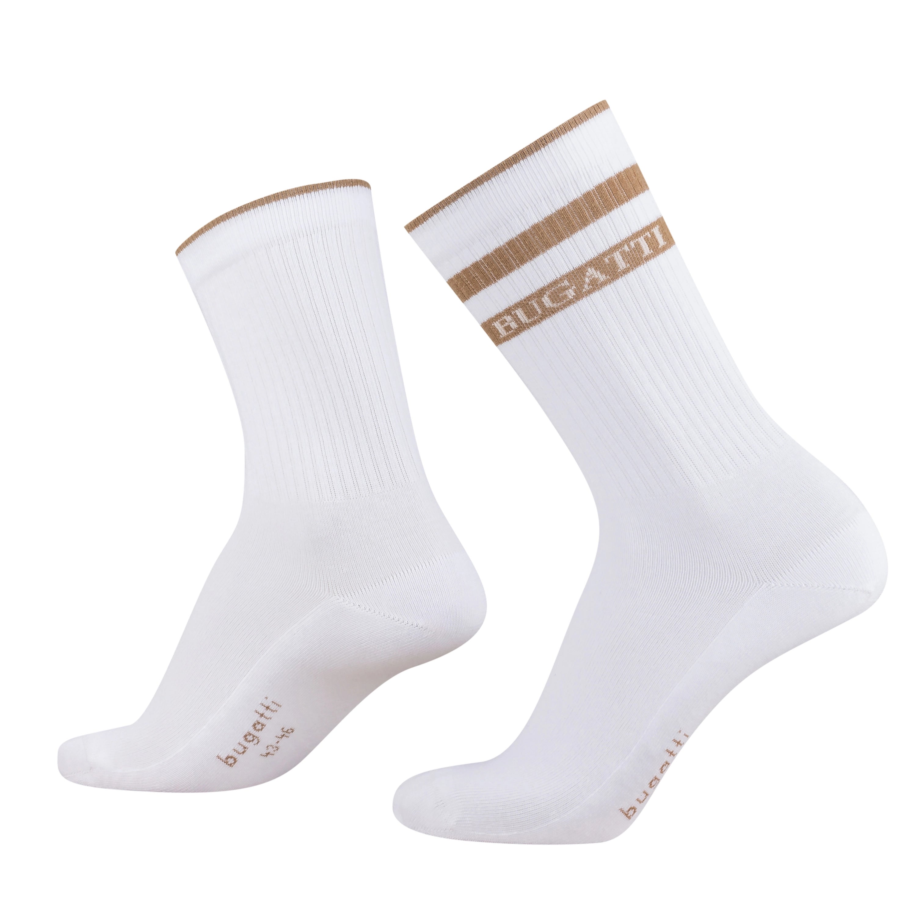 Weiße bugatti Socken mit braunen Streifen, Büstenbild.