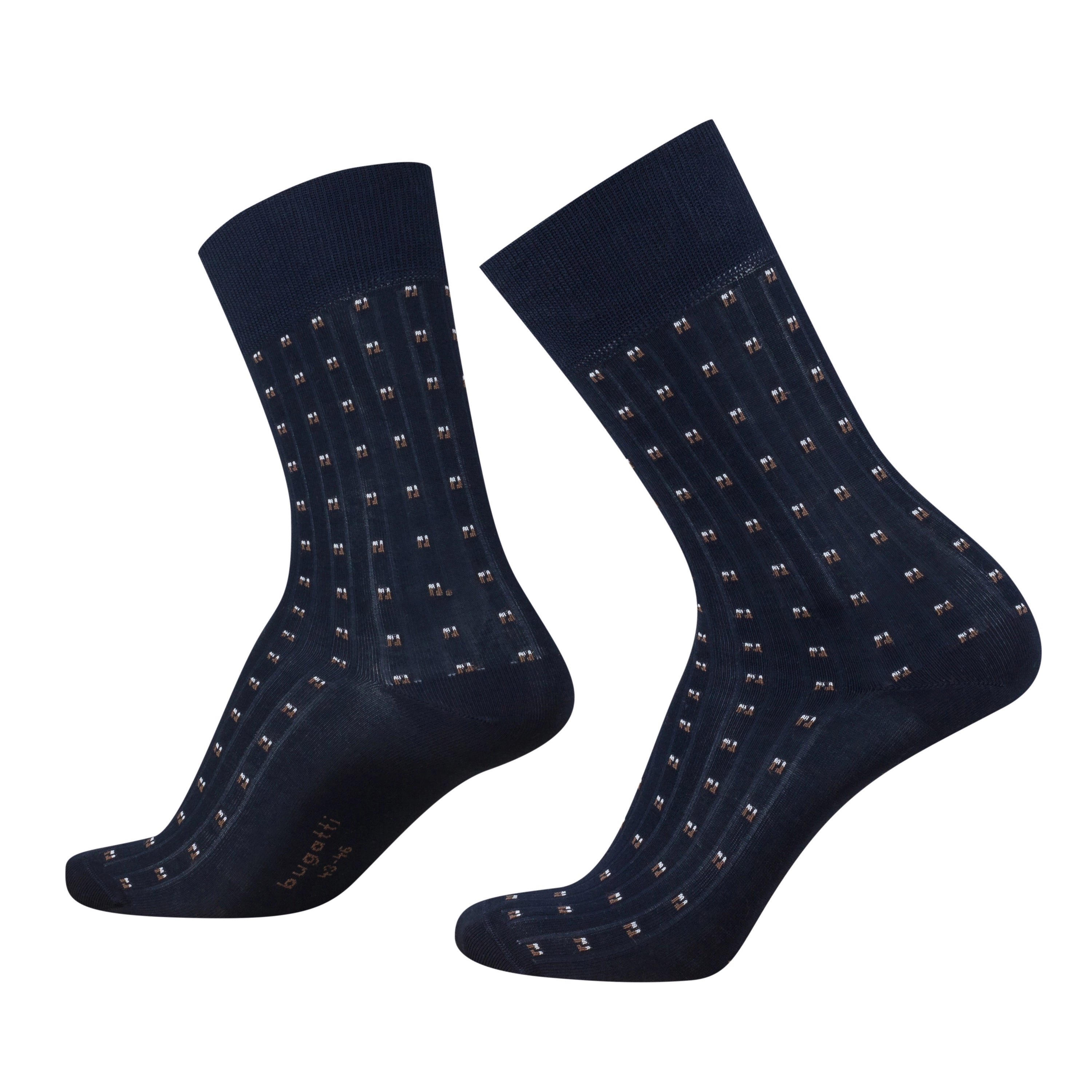 Dunkelblaue bugatti Socken mit feinem Muster, Büstenbild, elegant und stilvoll.