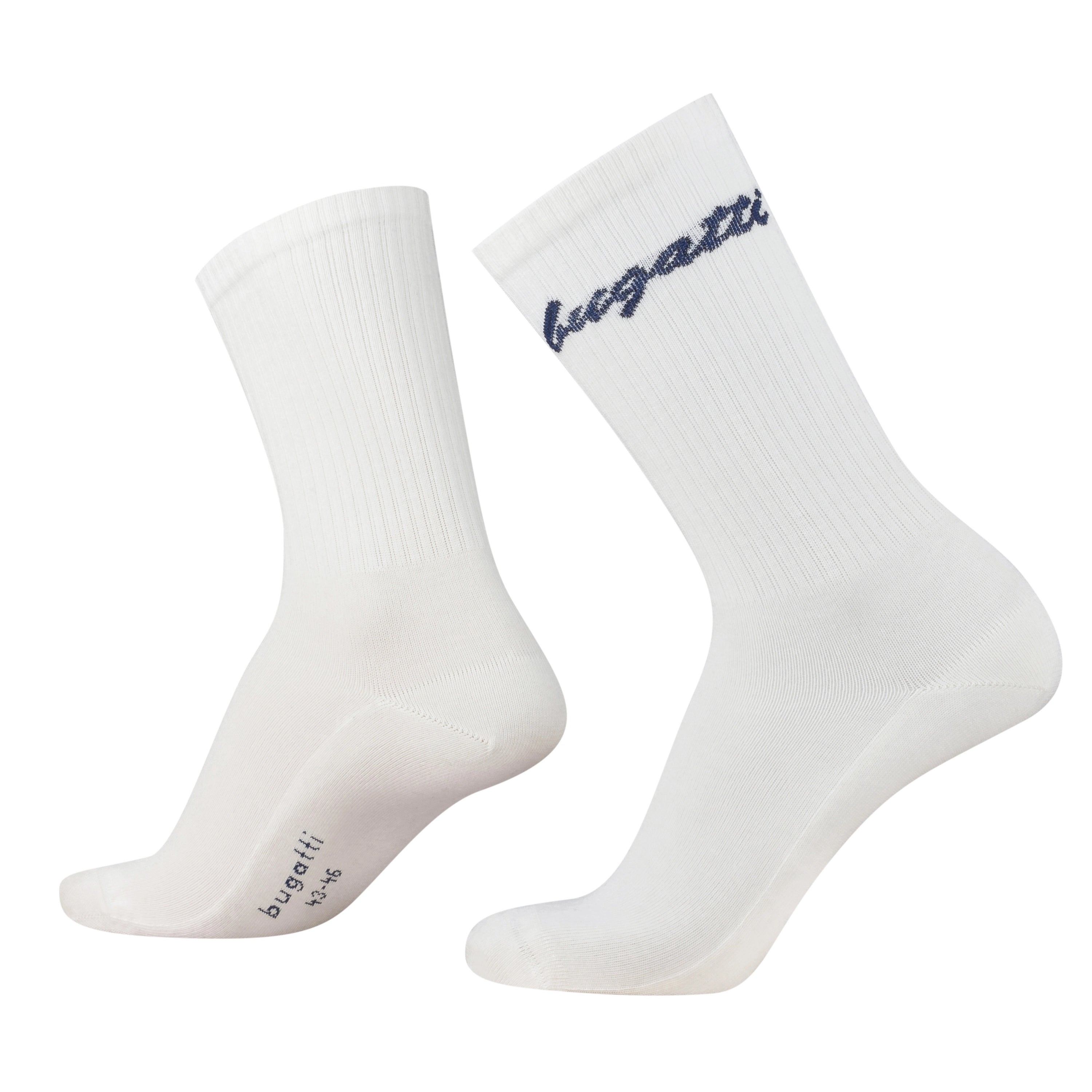 Weiße bugatti Socken mit Logo, Seitenansicht, Bügelbild.