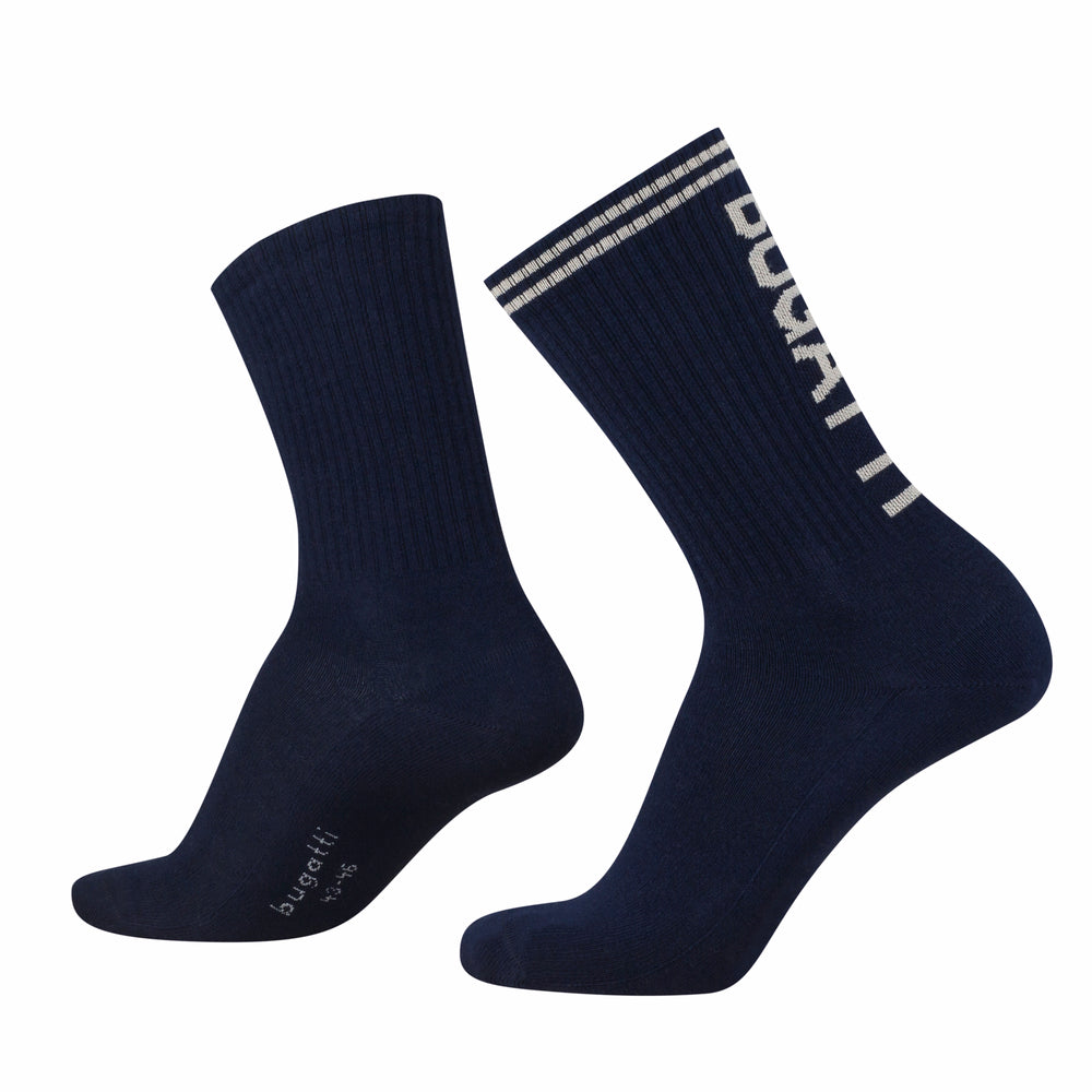 Sports socks (2-pack) with striking stripe design and large logo lettering in navy