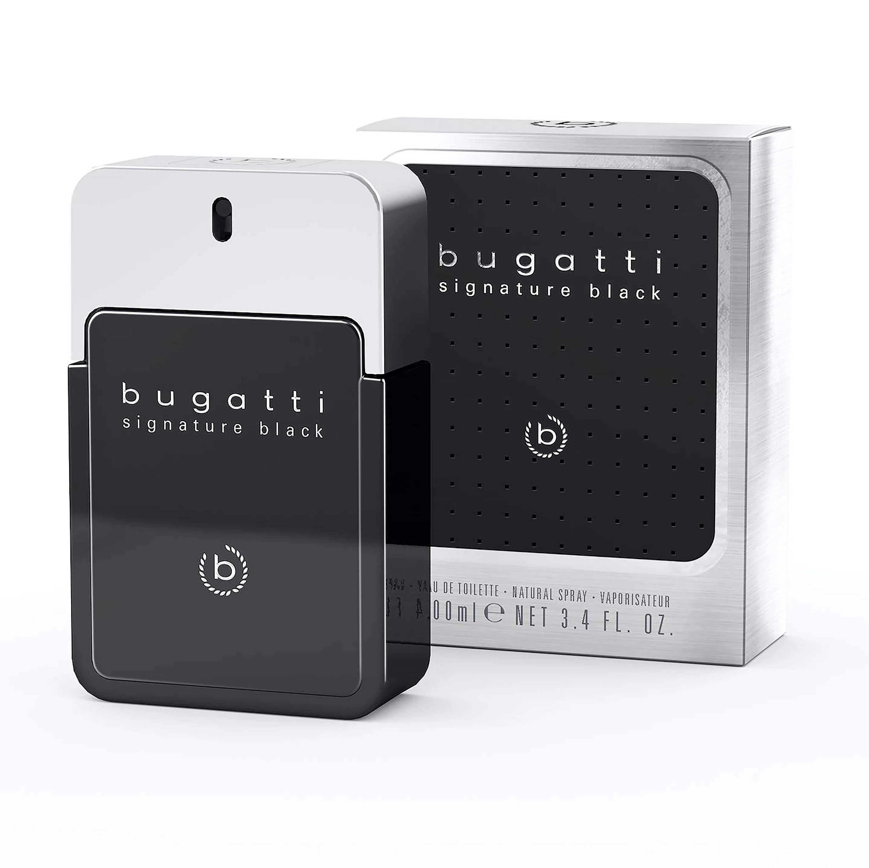 bugatti "Signature Black" Eau de Toilette, elegant verpackt, verkörpert Stil und zeitlose Raffinesse.