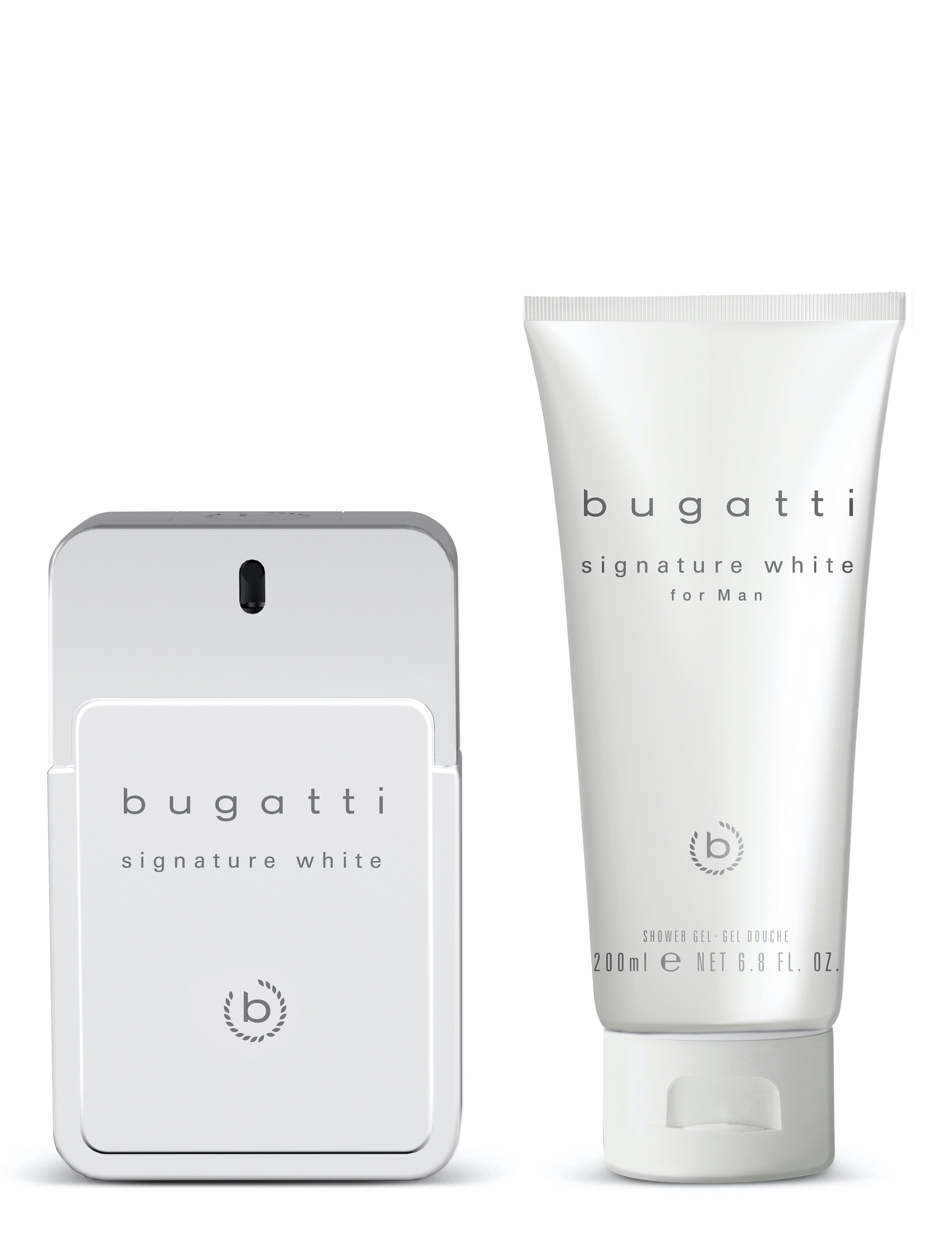 bugatti Signature White Parfüm und Duschgel Set für Herren, elegantes Design, weiß.