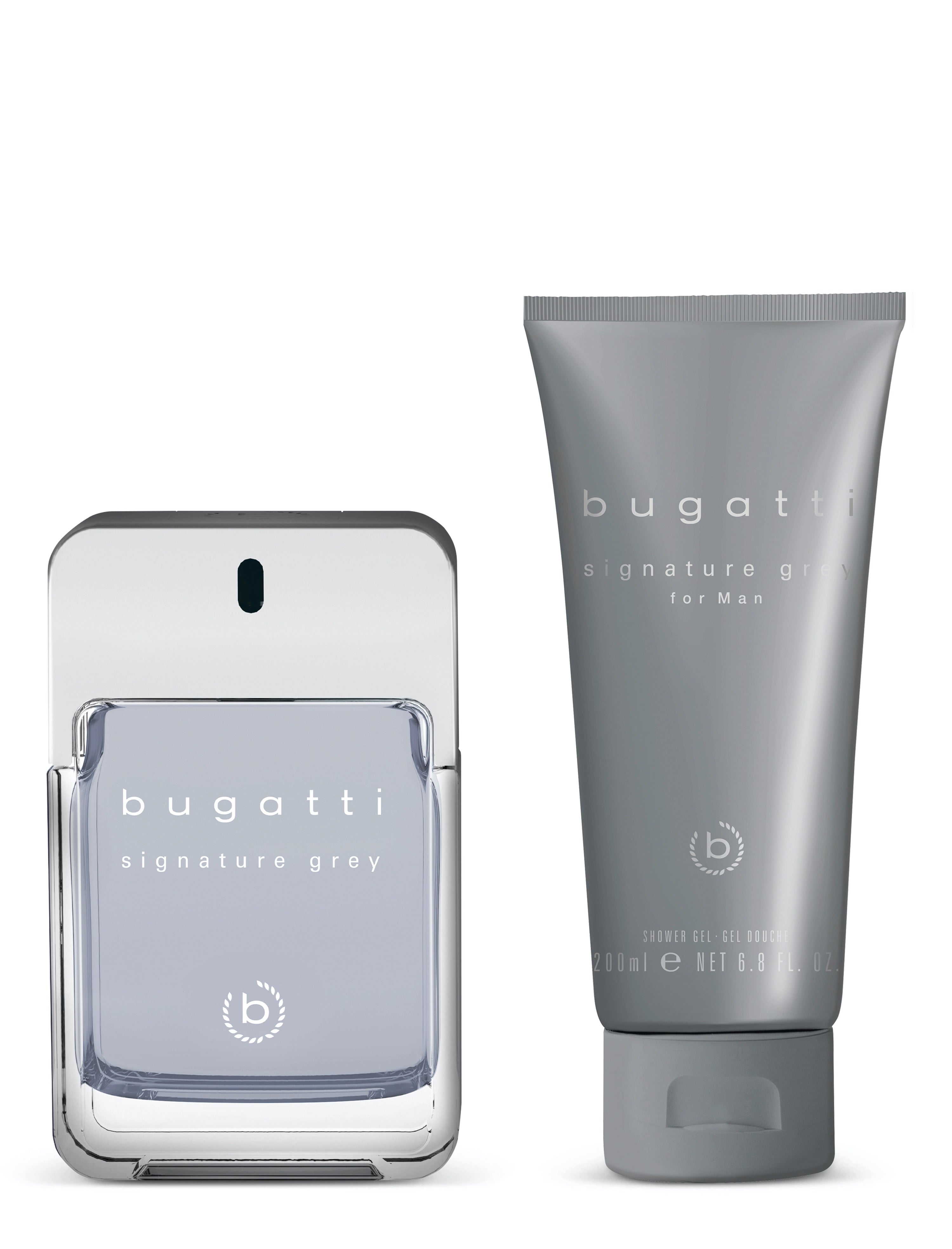 ```
bugatti Signature Grey Parfümflakon und Duschgel in eleganter grau-silberner Verpackung.
```