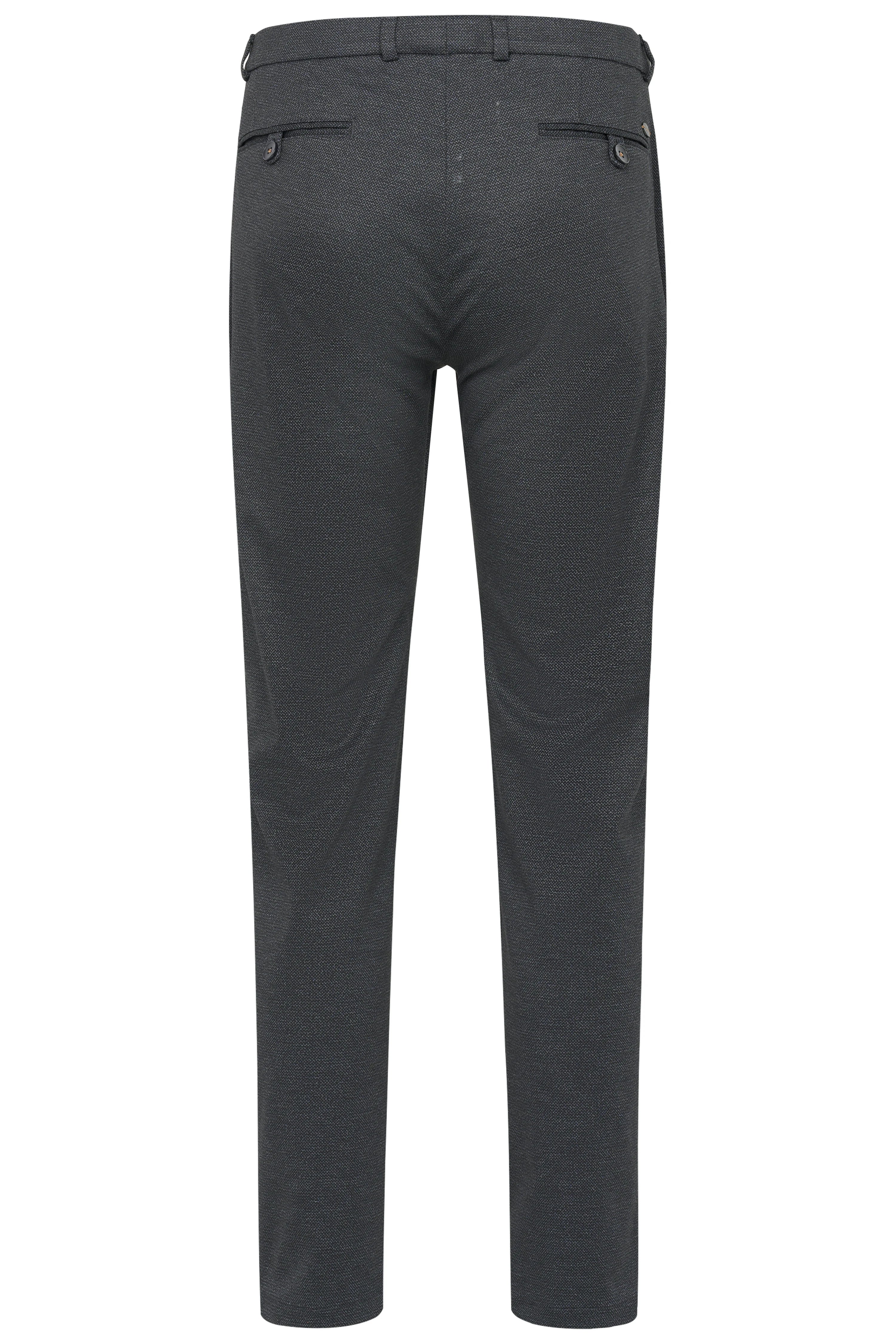 Dunkelgraue bugatti Herrenhose, Texturmuster, Rückansicht, legeres Büstenbild.