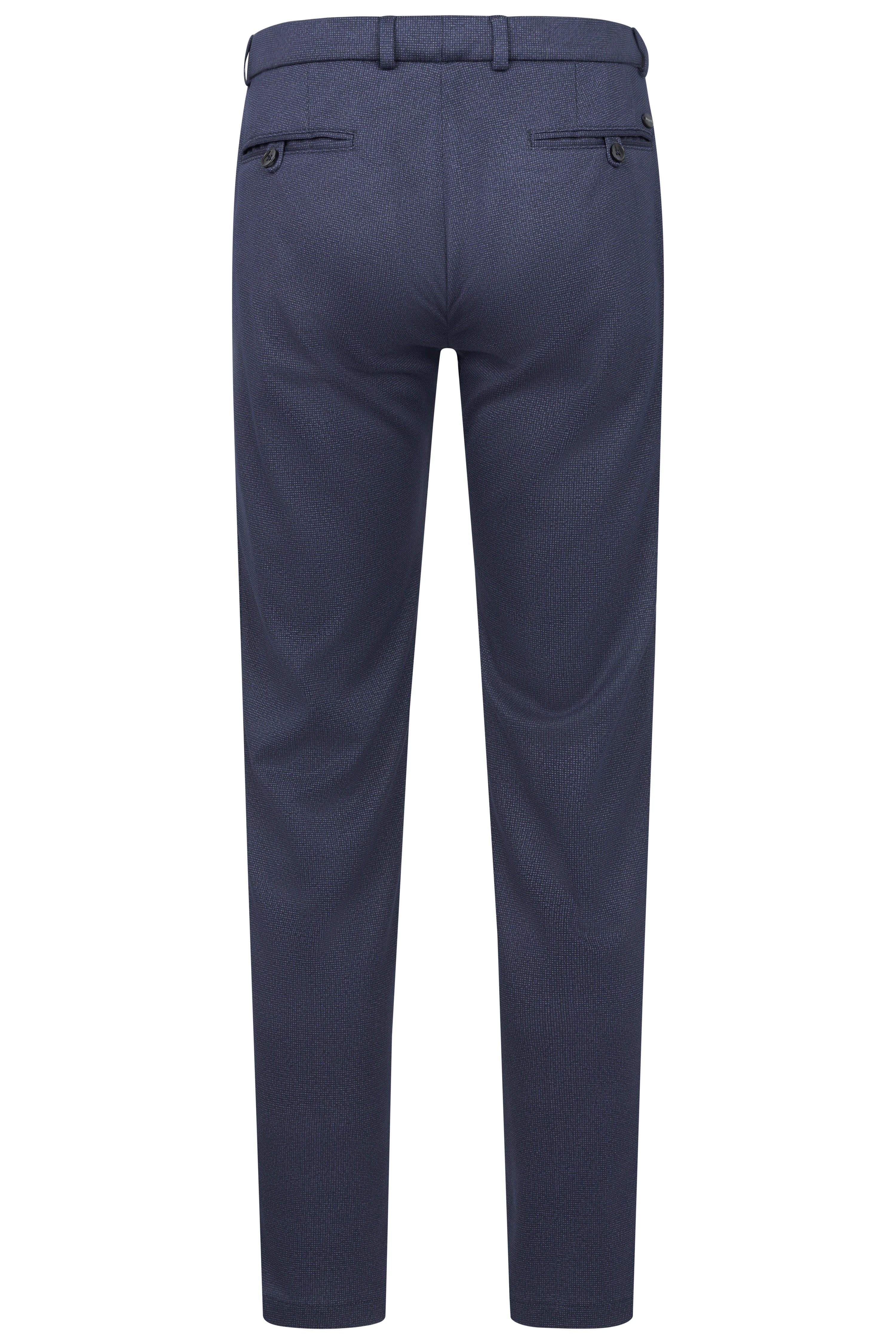 Elegante navy bugatti stoffen broek met fijne structuur, busteweergave.