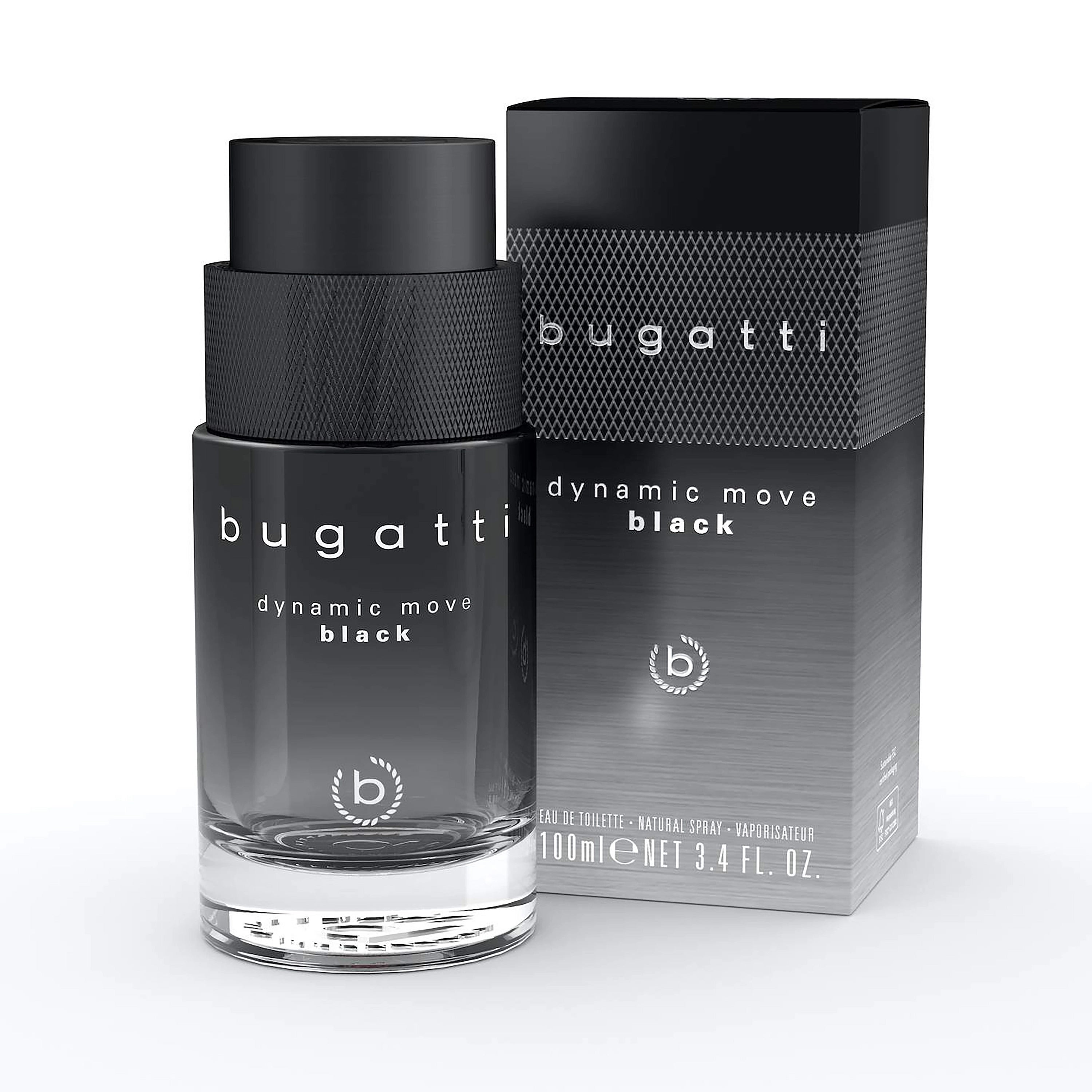 bugatti dynamic move black Eau de Toilette Flasche vor Verpackung auf weißem Hintergrund.